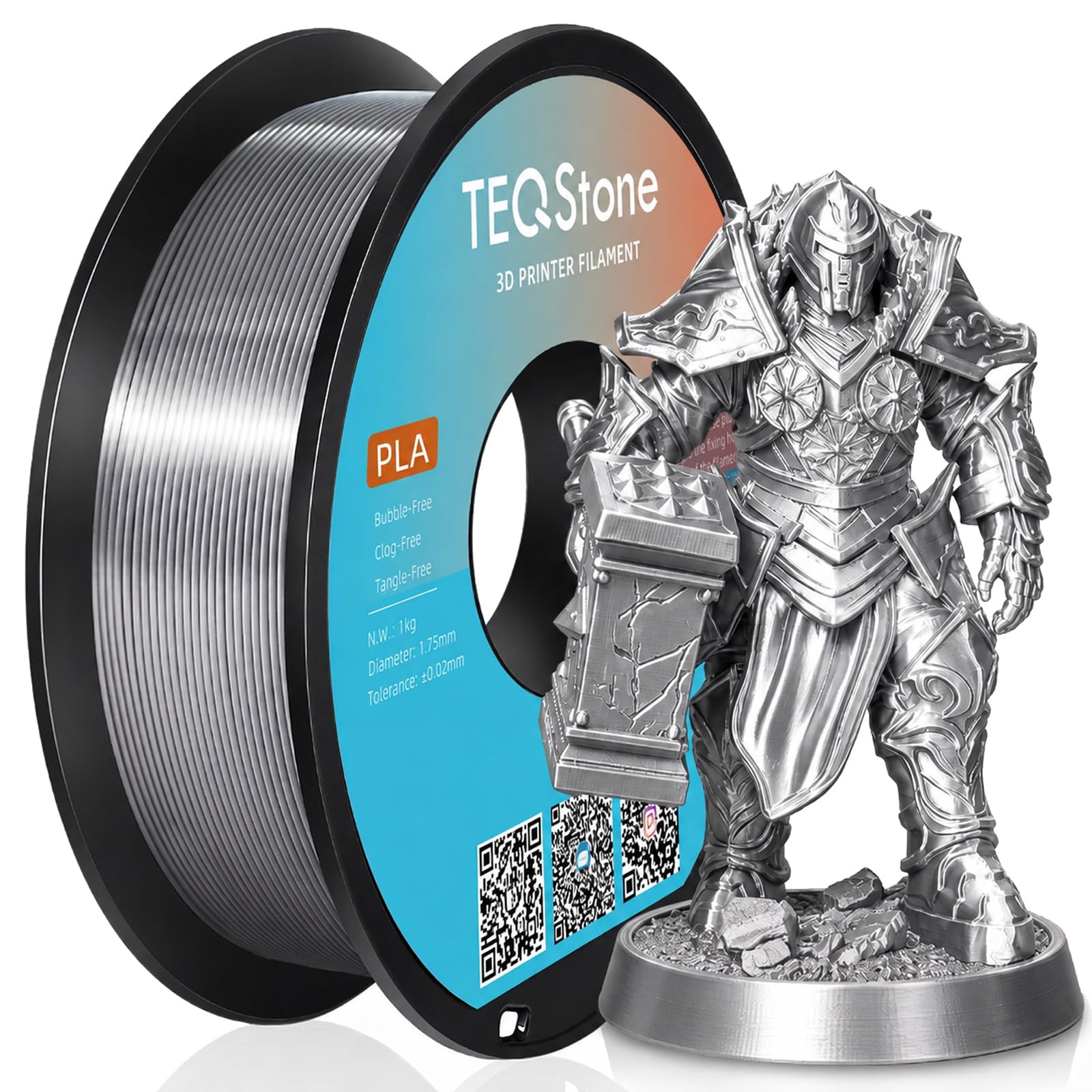 Silk PLA Filament 1.75mm Silver 1KG, Metallic Shine High Gloss Finish Perfectly Wound, Accuracy +/-0.02mm 3D Printer Filament Vacuum Packaging
