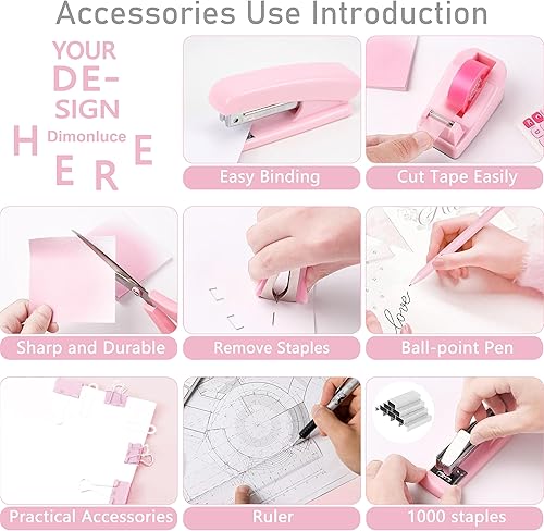 Miniatura 4 de Accesorios de escritorio rosados, suministros de oficina rosados, organizadores de escritorio y accesorios con dispensador de cinta, grapadora,