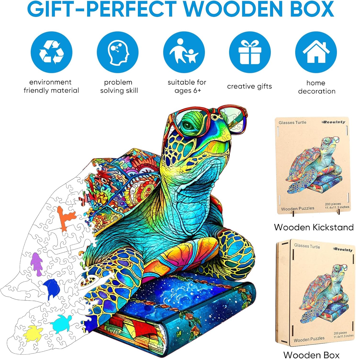 Reouinty Wooden Puzzles, Sea Turtle Book Jigsaw Puzzles 200 Pieces, Wall Decor, Unique Animal Shape Puzzles Pieces, Wood Ocean Puzzles Best Gift for Family Game 11.4x11.3 in