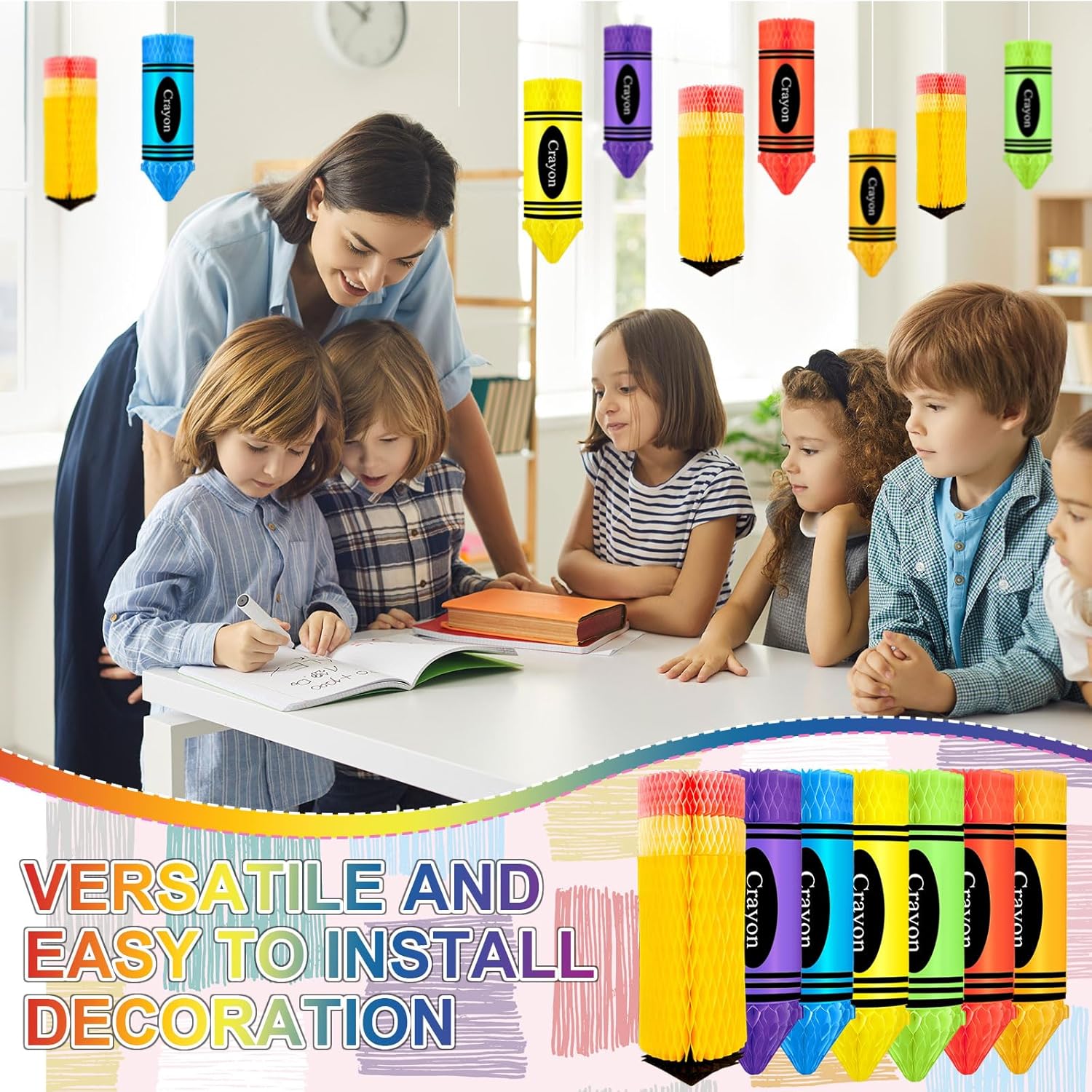 12 Pcs Back to School Decorations Crayon Hanging Honeycomb Pencil Paper Ball Decorations for Celebrating Back to School Crayon Balls for Classroom Ceiling First Day of School Party Supplies