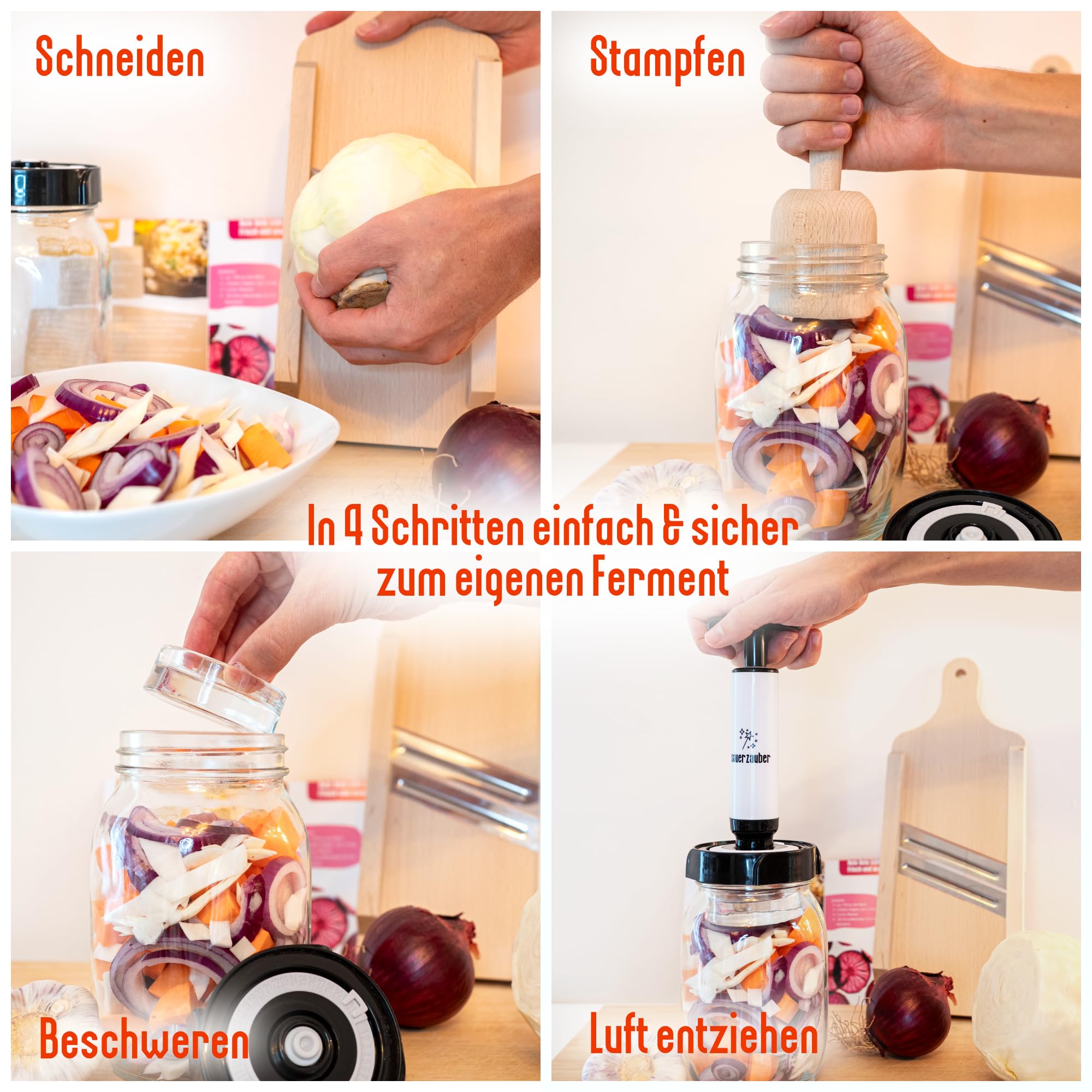 Starterkit Fermentation – großes Fermentierset für Gemüse wie Kimchi, Sauerkraut - 1 L Fermentierglas, Fermentiergewicht, Krauthobel & Zubehör – Fermentieren leicht gemacht.