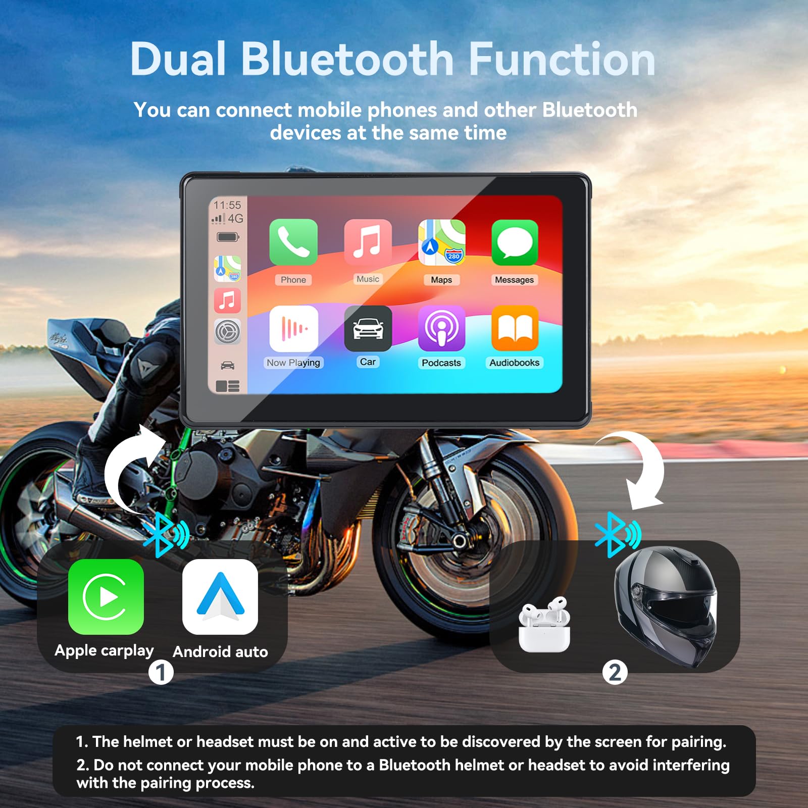 Schermo CarPlay 7 Pollici Per Moto Con Android Auto – IPX7, 1000 Nit, Doppio Bluetooth E Antifurto