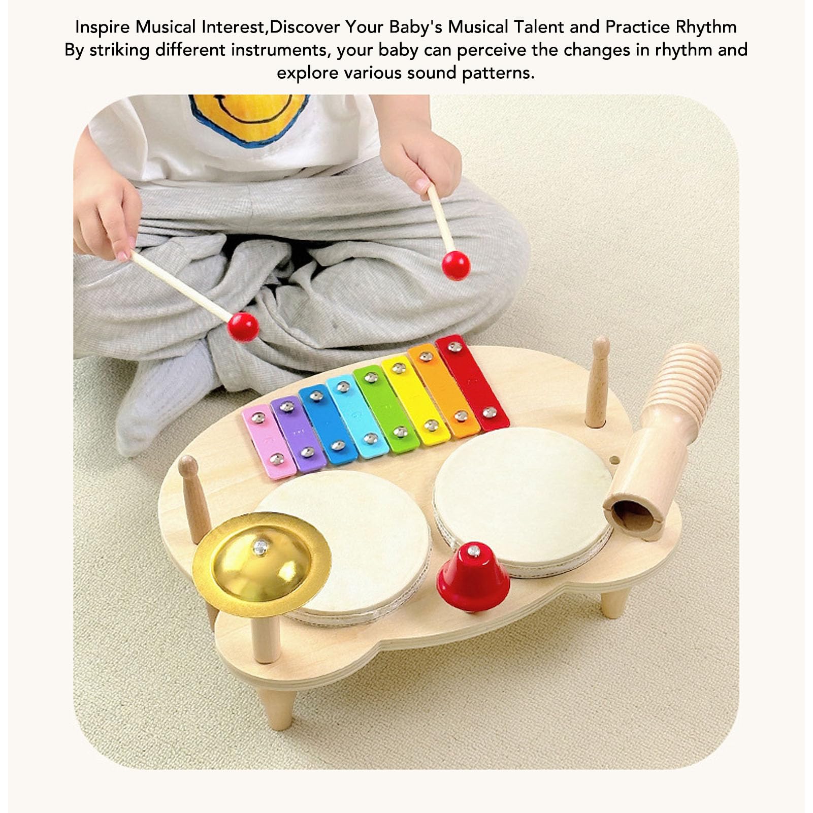 Generic Set di Batteria Educativa Giocattolo a Percussione Musicale in Legno per Bambini, Costruttore di abilità Cognitive per Ragazze, 13,2 X 10 X 8,3 Pollici