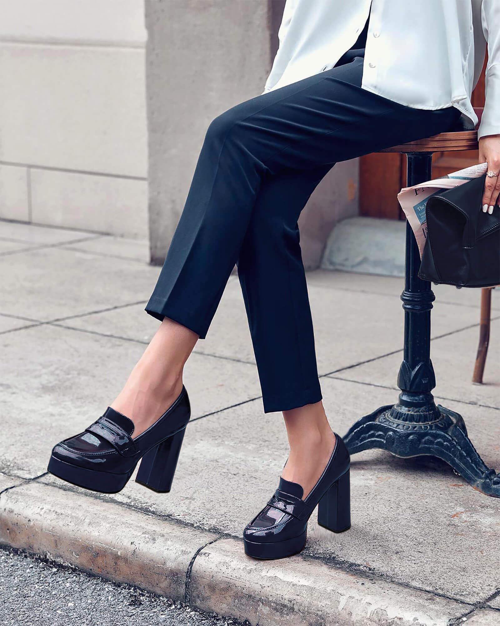 Womens Platform Heels Loafers Chunky High Heel Closed Toe Patent Leather Shoes Penny Loafer Business Dress Work Pumps: 8.5 Navy