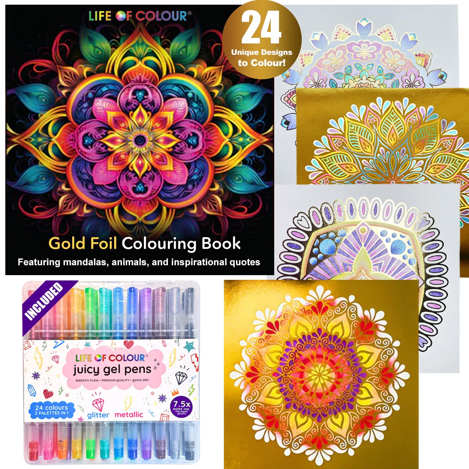 Gold Foil Mandala Coloring Book – Life of Colour Mindfullness Coloring Book for Adults – 24 Luxurious Pages with 24 Juicy Gel Pens in Glitter and