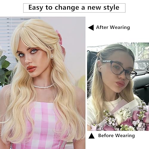 Miniatura 4 de 7JHH WIGS Peluca rubia larga ondulada de 24 pulgadas, fibra sintética resistente al calor, rizada, rubio platino, con flequillo, para mujeres,