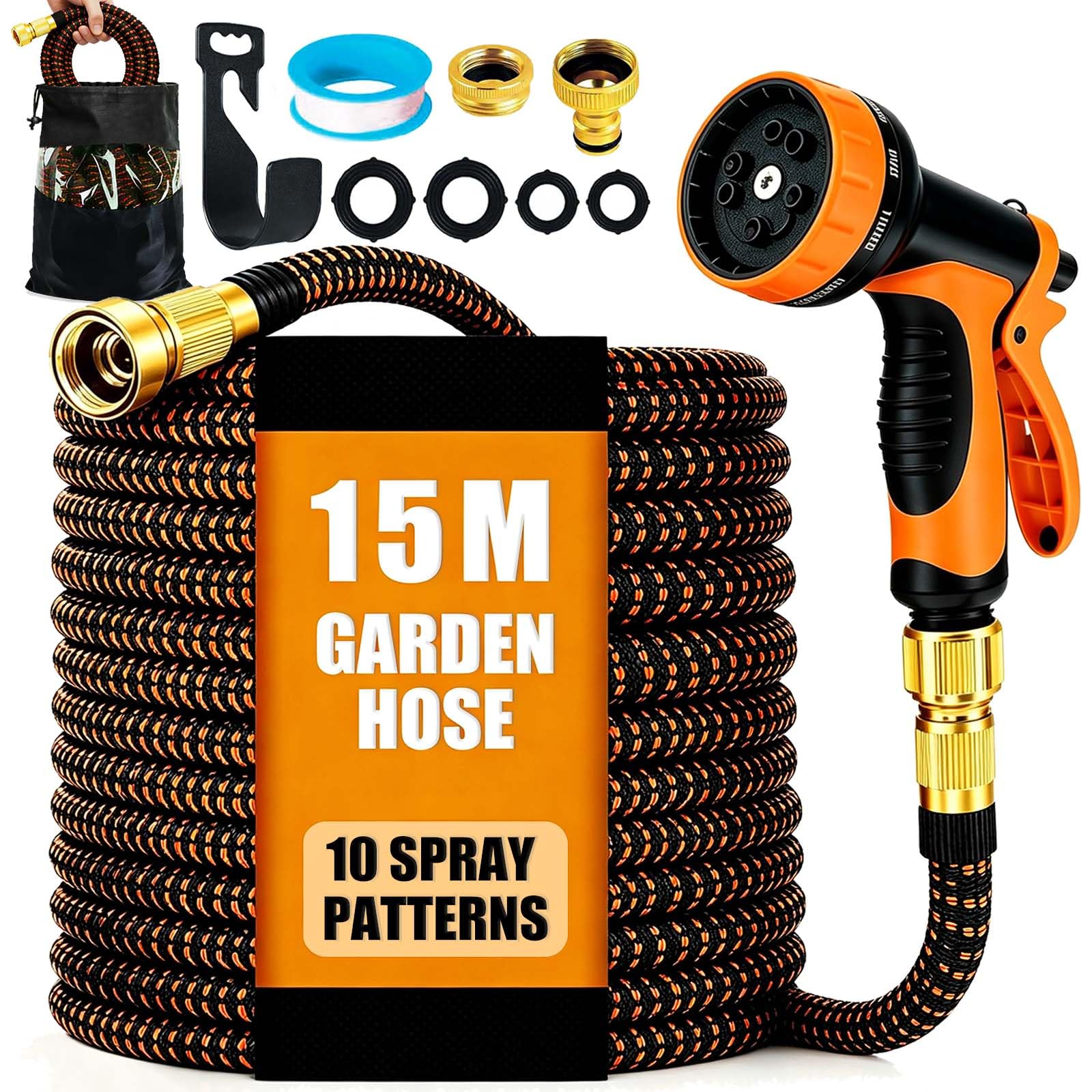 Tuyau d’Arrosage Extensible 15m Orange, 3 Couches Latex | Anti-fuite et anti-nœuds, jet 10 modes réglable, utilisation facile sans effort, arrosage multi-usage jardin voiture terrasse