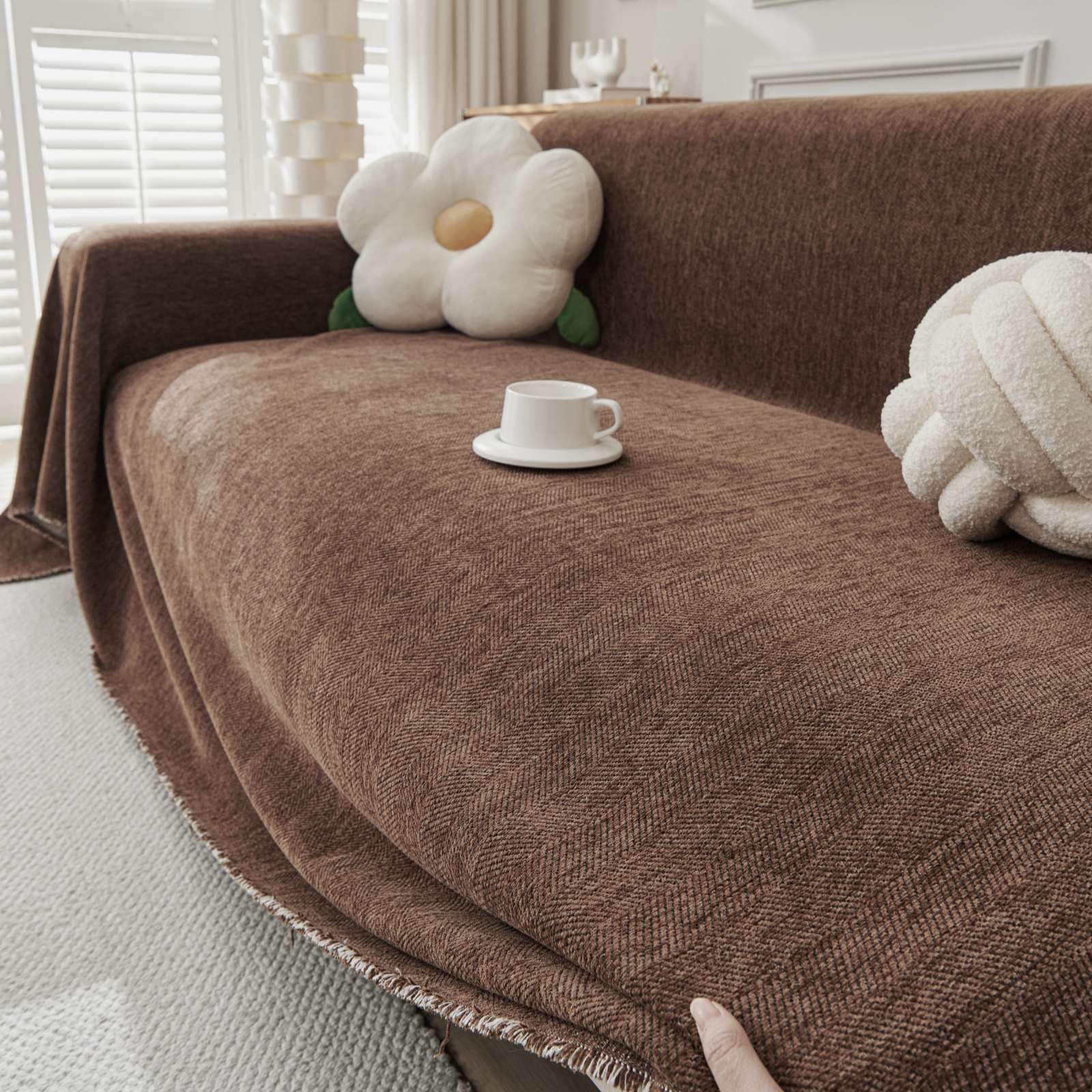 TAOTAOGO Sofa Cover 4 Seater Chenille Corner Sofa Slipcover Washable L Shape Sectional Couch Cover Furniture Protector for Pet All-Season B Herringbone Coffee 230x420cm