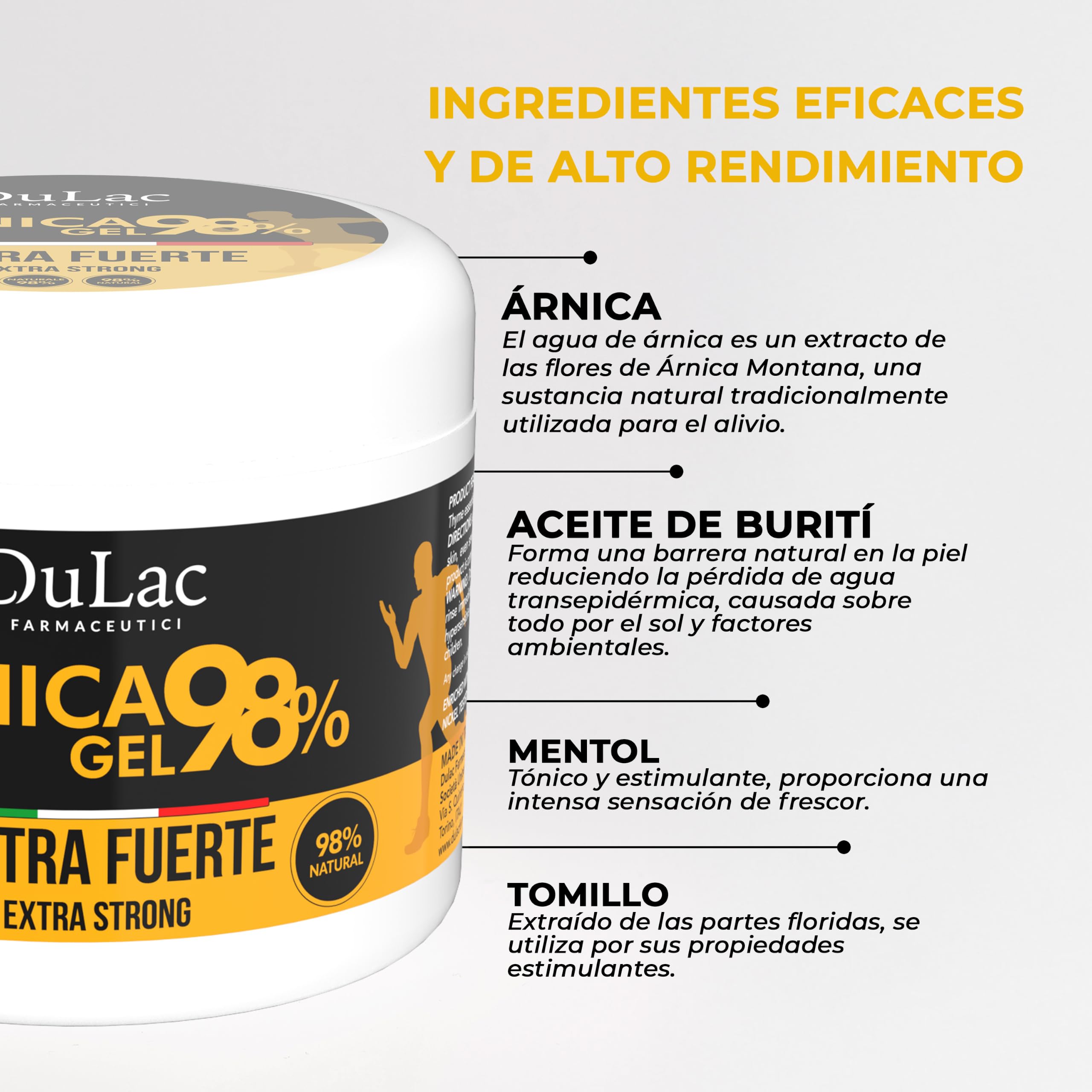 Dulac – Arnica Gel Fuerte 98%, Efecto Refrescante, 500 ml, Para Masajes en Músculos y Articulaciones Fatigados, También Util para la zona cervical, con Mentol y Aceite de Buriti, Made in Italy