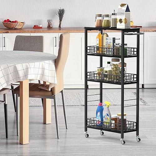 Miniatura 13 de Carrito de almacenamiento delgado de 4 niveles, carrito de lavandería estrecho con ruedas, carrito rodante de cocina con estantería móvil de mesa de