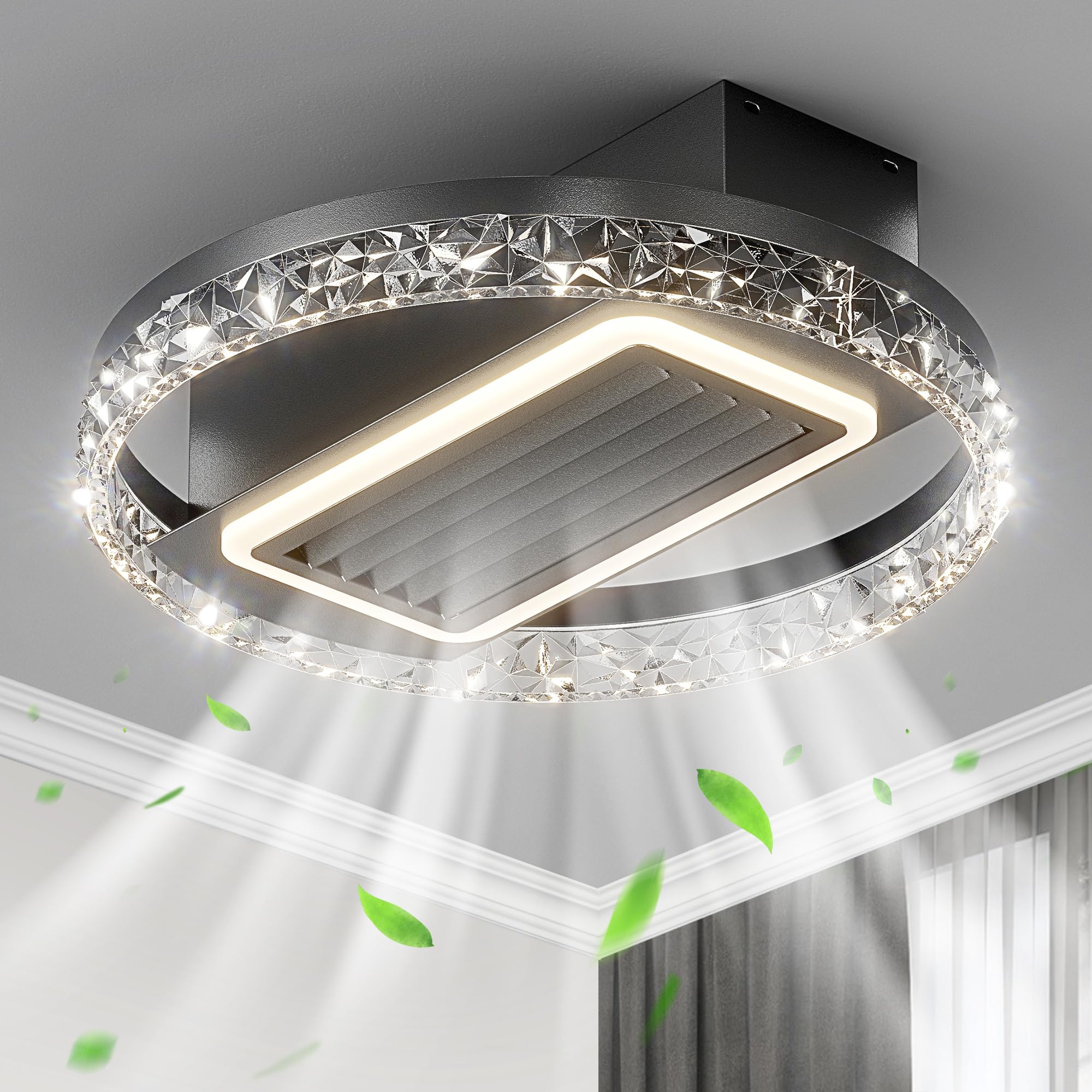 ecoCalm Bladeless Ceiling Fan with Lights, Crystal Flush Mount Enclosed Ceiling Fans with 6 Speed Fan and Dimmable Lights Frequency Conversion Fan (20 inches, Round)