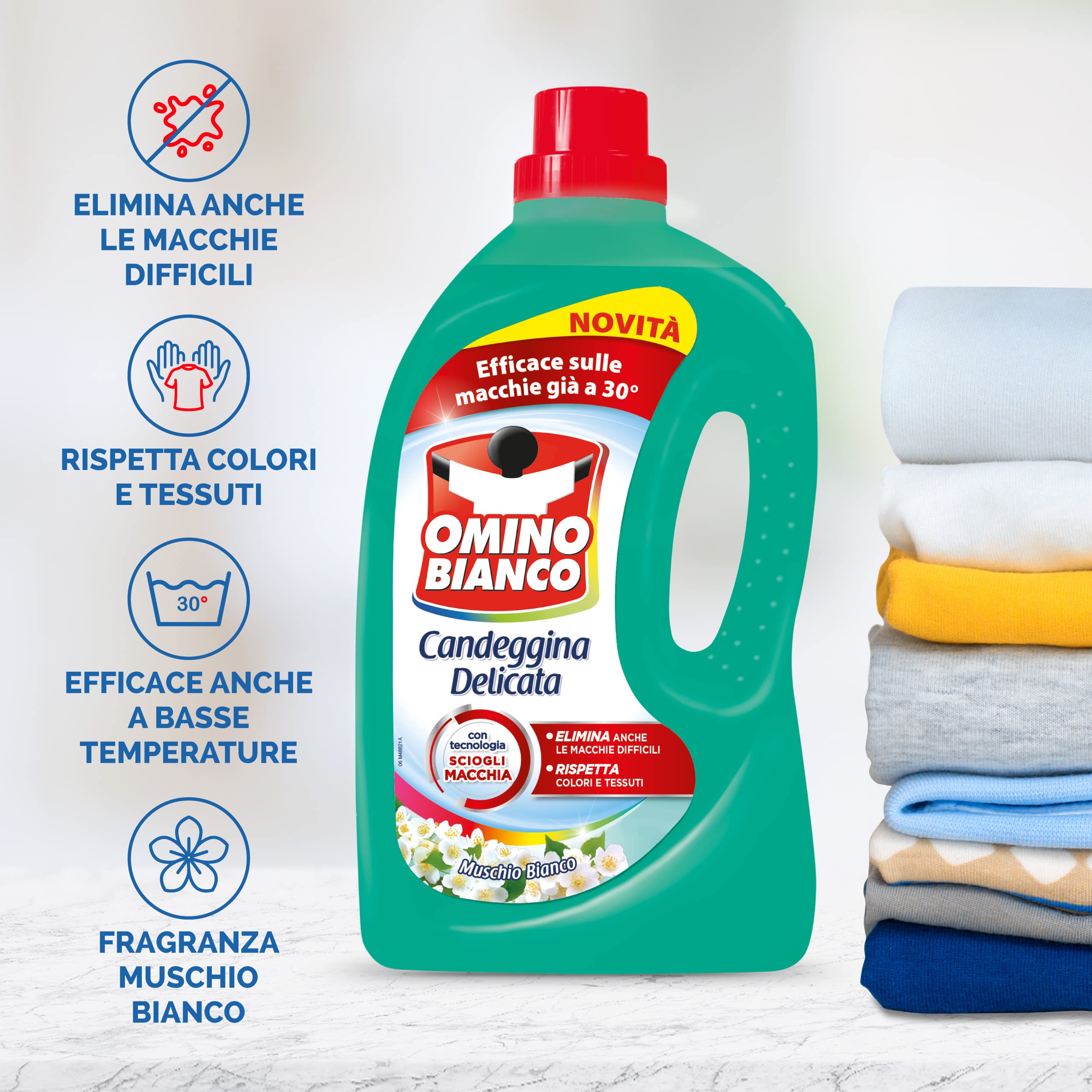 Omino Bianco - Candeggina suave con tecnología Disolver manchas, acción quitamanchas e higienizante, eficaz a bajas temperaturas, esencia de musgo blanco, 2000 ml x 6 paquetes