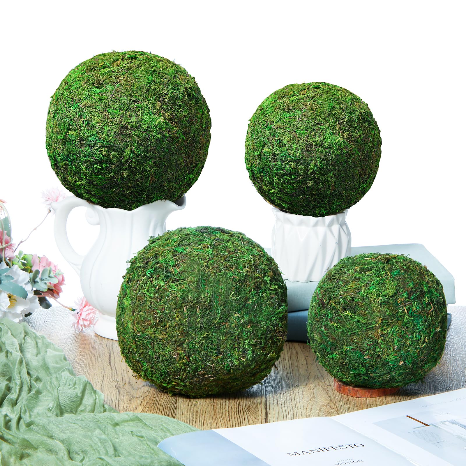 4 palline di muschio verde artificiali, ideali per primavera, casa, matrimonio, giardino, fattoria, autunno, centrotavola, decorazione per interni ed esterni (20 cm, 15 cm)