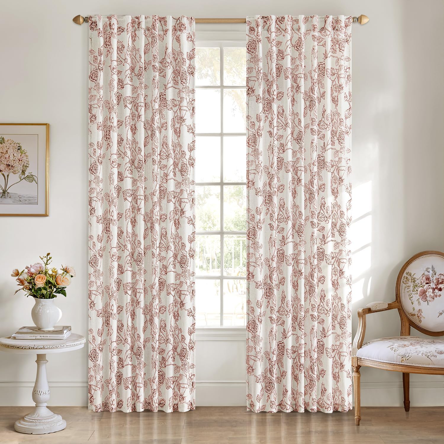 ANRODUO Red Floral Linen Curtains - Rust Floral Patterned Neutral Cream Linen Drapes, 84 Inches Long, Light Filtering, Farmhouse Country Style, 2 Panels, Back Tab, Vintage, for Living Room