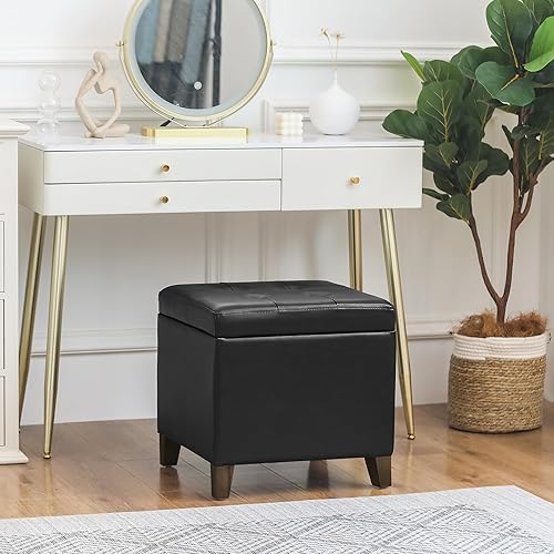 Miniatura 7 de Homebeez Taburete otomano de almacenamiento de piel sintética copetudo, cuadrado con tapa abatible (marrón) Marrón,Negro y ruedas,Negro