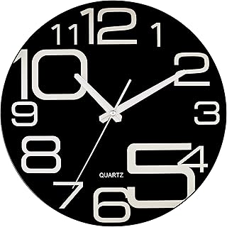 Bernhard Products Large Decorative Black Glass Wall Clock 12 Inch Silent Non Ticking Quality Quartz Battery Operated Round Unique Modern Design for Home/Kitchen/Living Room/Bedroom/Office (Jet Black)