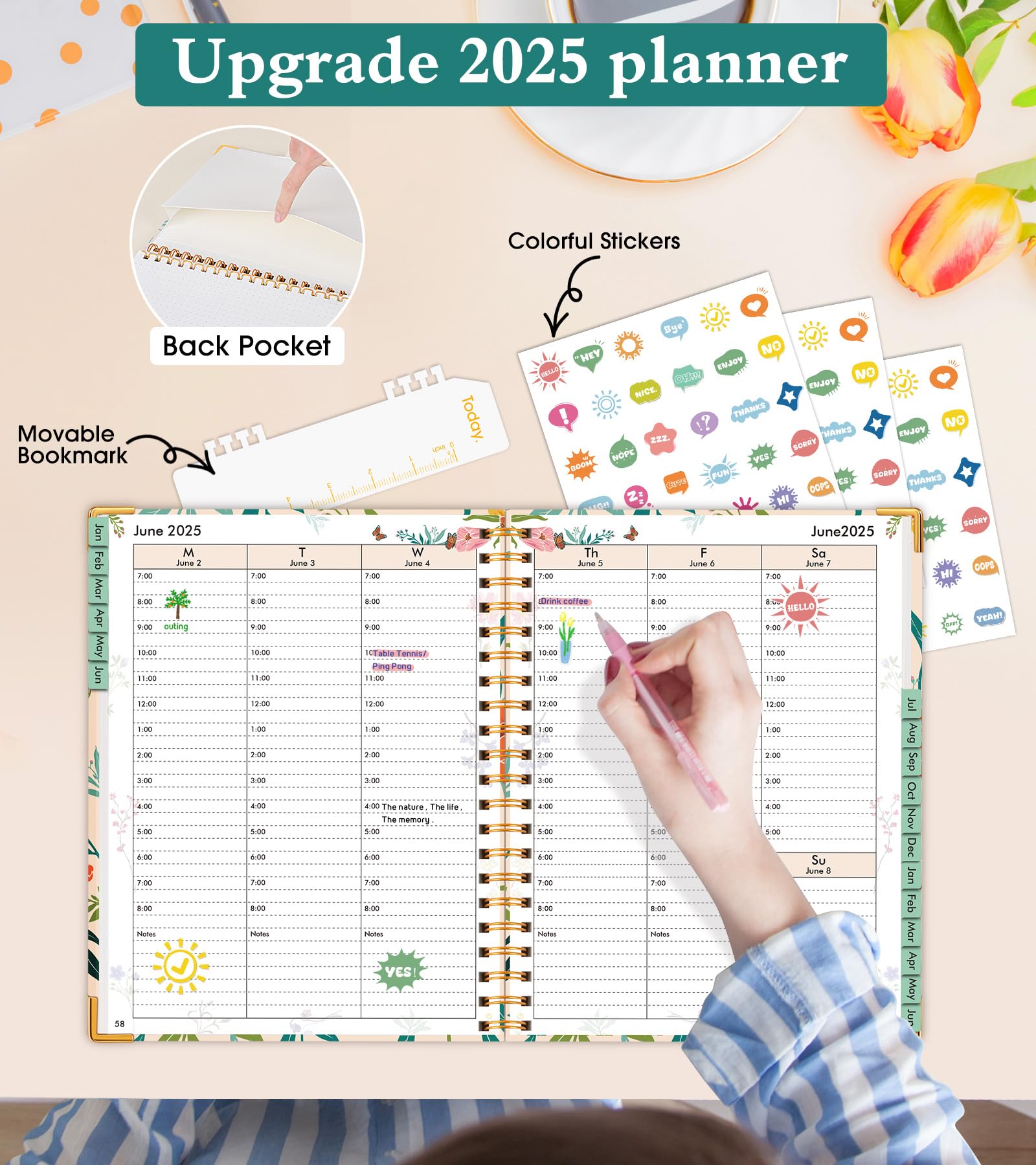 2025-2026 terminarz, planer akademicki, 18 miesięcy, tygodniowy i miesięczny (lipiec 2025 - grudzień 2026), 21,5 cm x 28 cm, codzienny planer godzinowy 60-minutowy, kalendarz spiralny, kalendarz do
