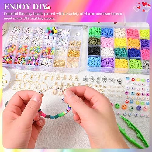 Miniatura 5 de DEARCCINO Kit de fabricación de pulseras de arcilla de 7200 piezas, 2 cajas de 24 colores, cuentas planas de preparación para joyería de amistad,