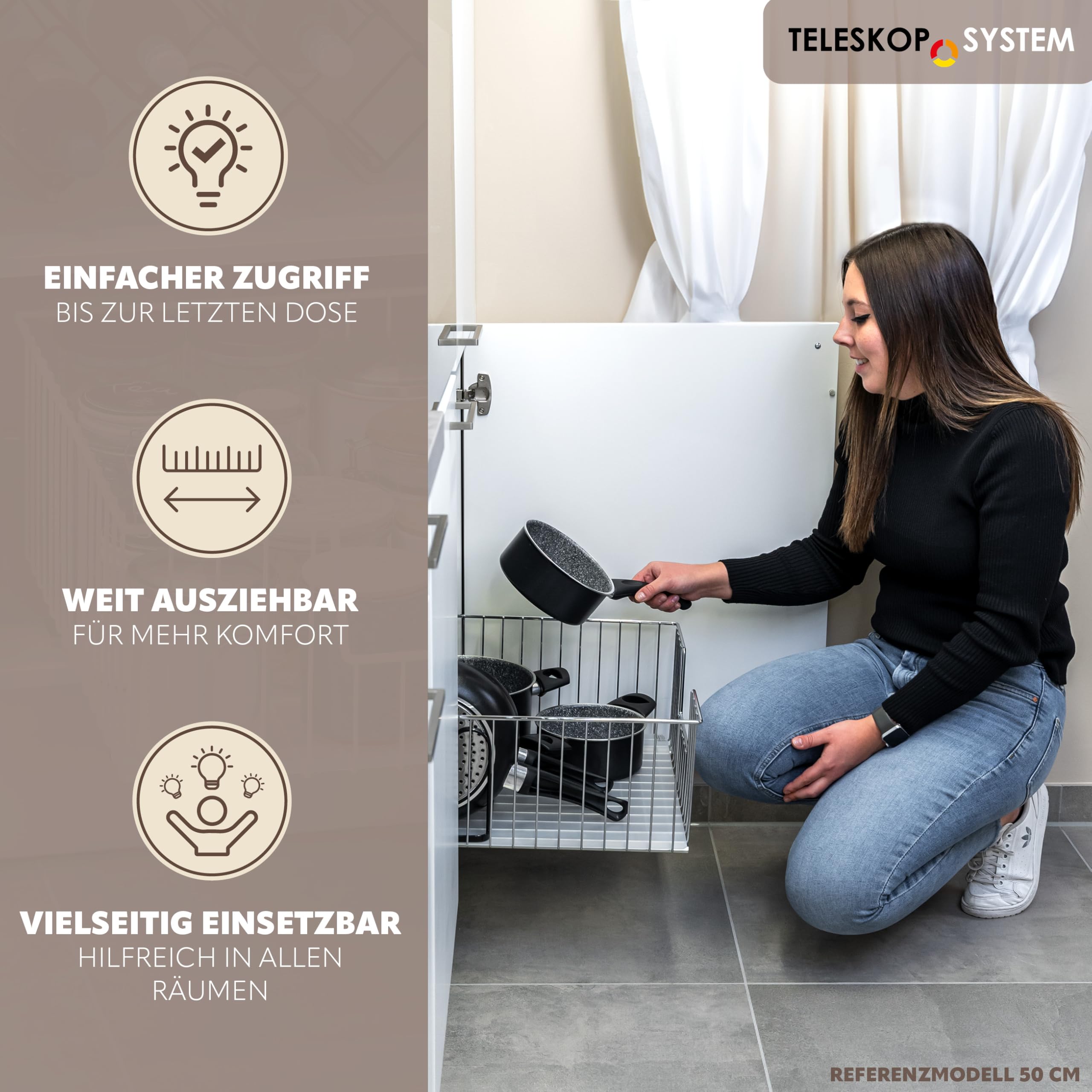bremermann Schrank-Korbauszug 2er Set 40 cm Breite mit Einlegeboden, Küchenschublade zum Nachrüsten, Vollauszug mit Teleskop-Schienen, ideal für Küche, Bad & Schlafzimmer, aus Metall (Chrom)