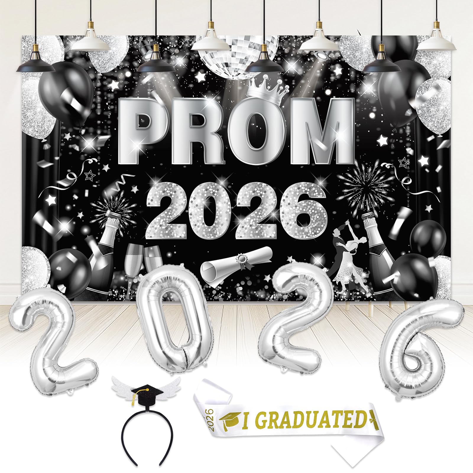 Prom 2026 Banner, Silver Prom Decorations 2026 Prom Balloons, Large Prom Night Banner Prom Decorations 2026, Graduation Party Decorations with Balloon for High School College Graduation or Prom Party