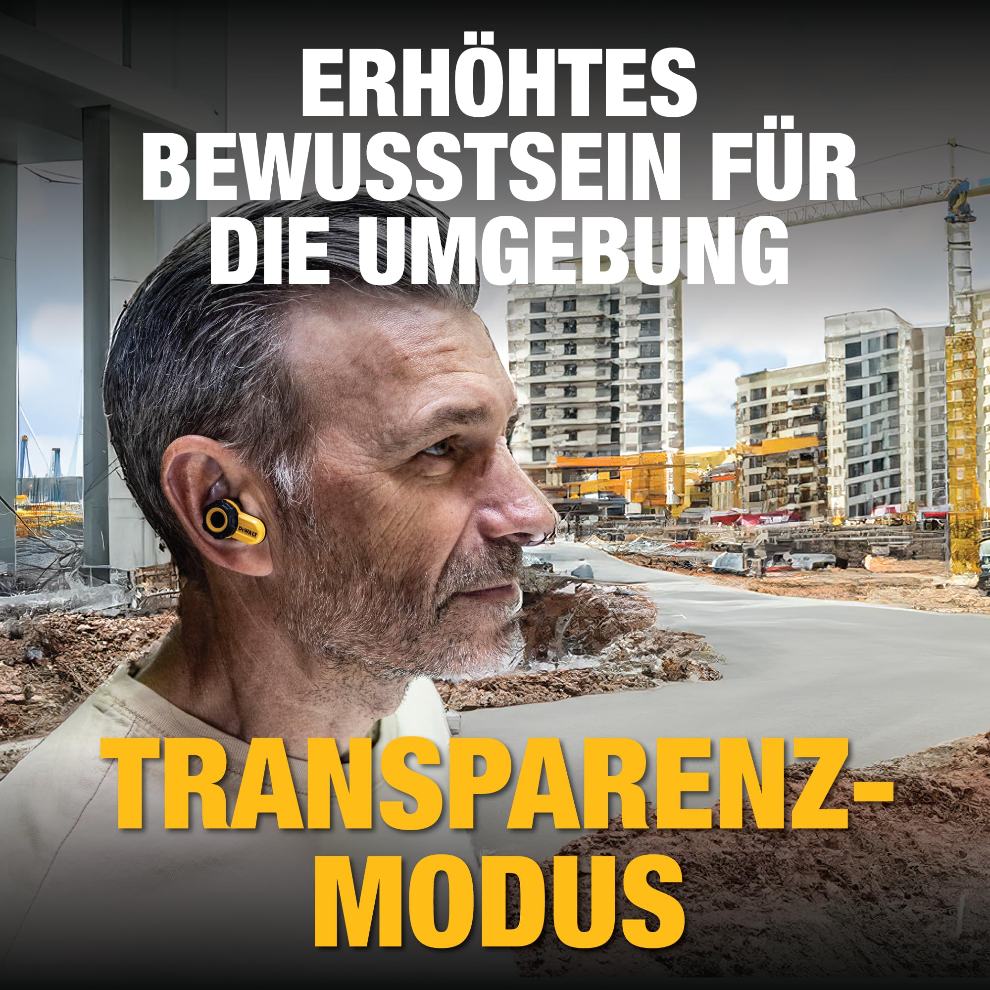 DEWALT Jobsite Pro X2 True Wireless Earbuds – Bluetooth 5.3 Kopfhörer mit Active Noise Cancelling, IP54 Staub- & Wasserschutz, 40 Std. Akkulaufzeit, Lautstärkeregelung, für Arbeit & Reisen