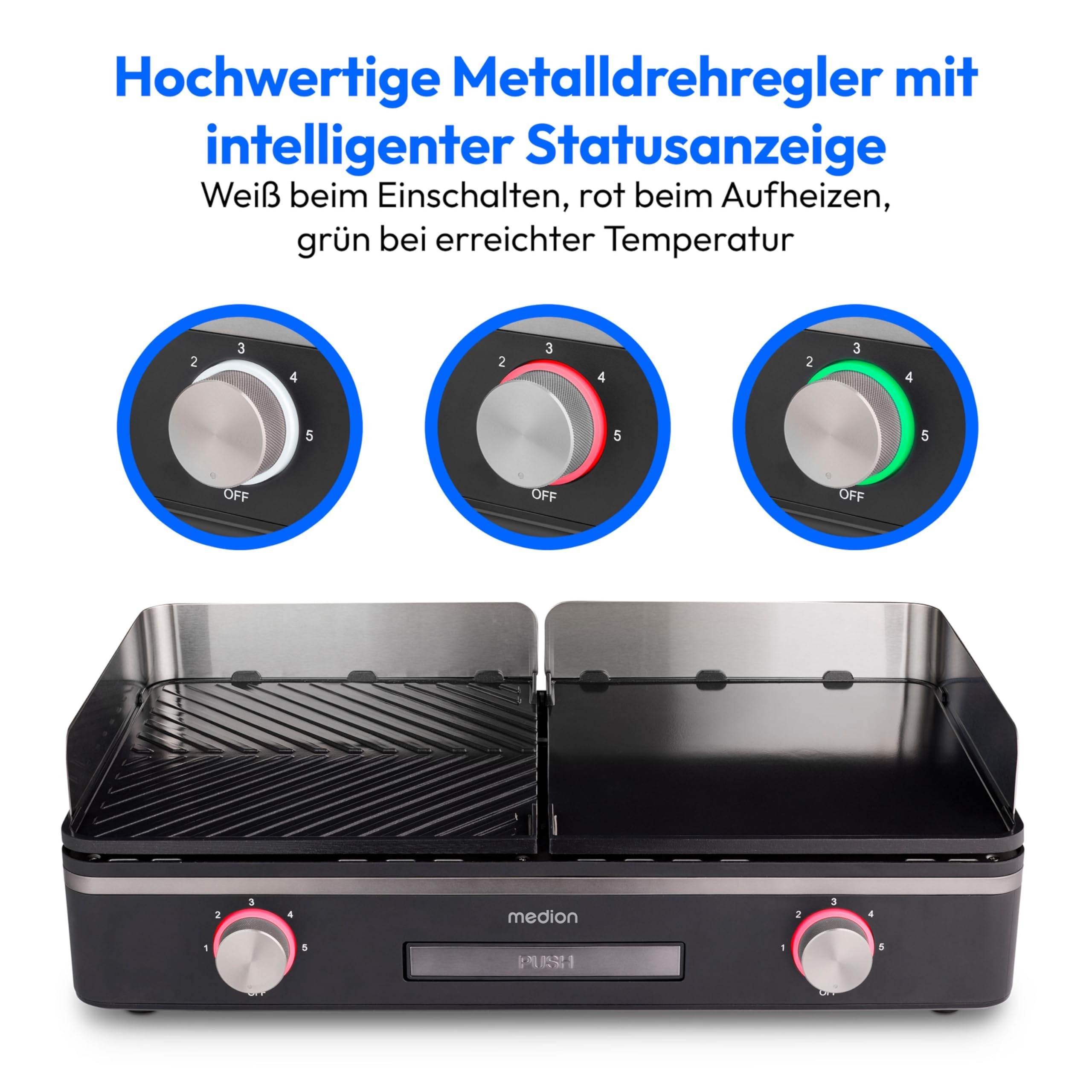 MEDION Tischgrill elektrisch 2400 Watt Dual-Zonen-System IPX4