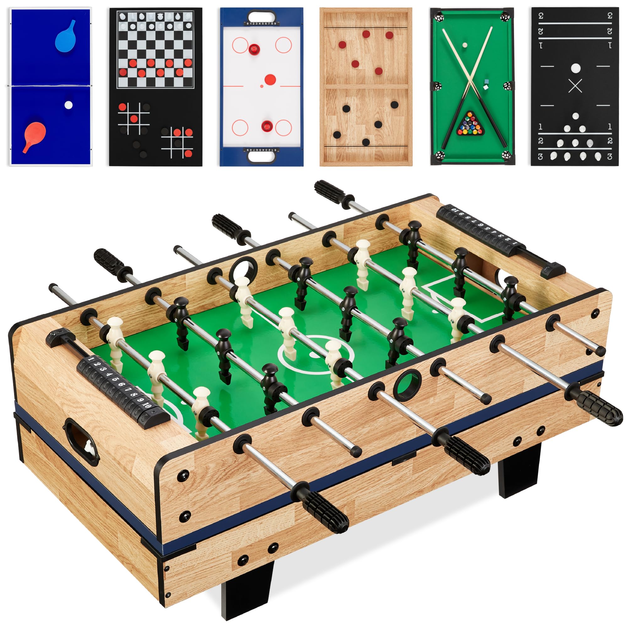Best Choice Products 11-in-1 Kids Combo Game Table Set for Home, Game Room w/Ping Pong, Foosball, Air Hockey, Chess, Checkers, Shuffleboard, Bowling, 5 Accessory Bags - Light Wood