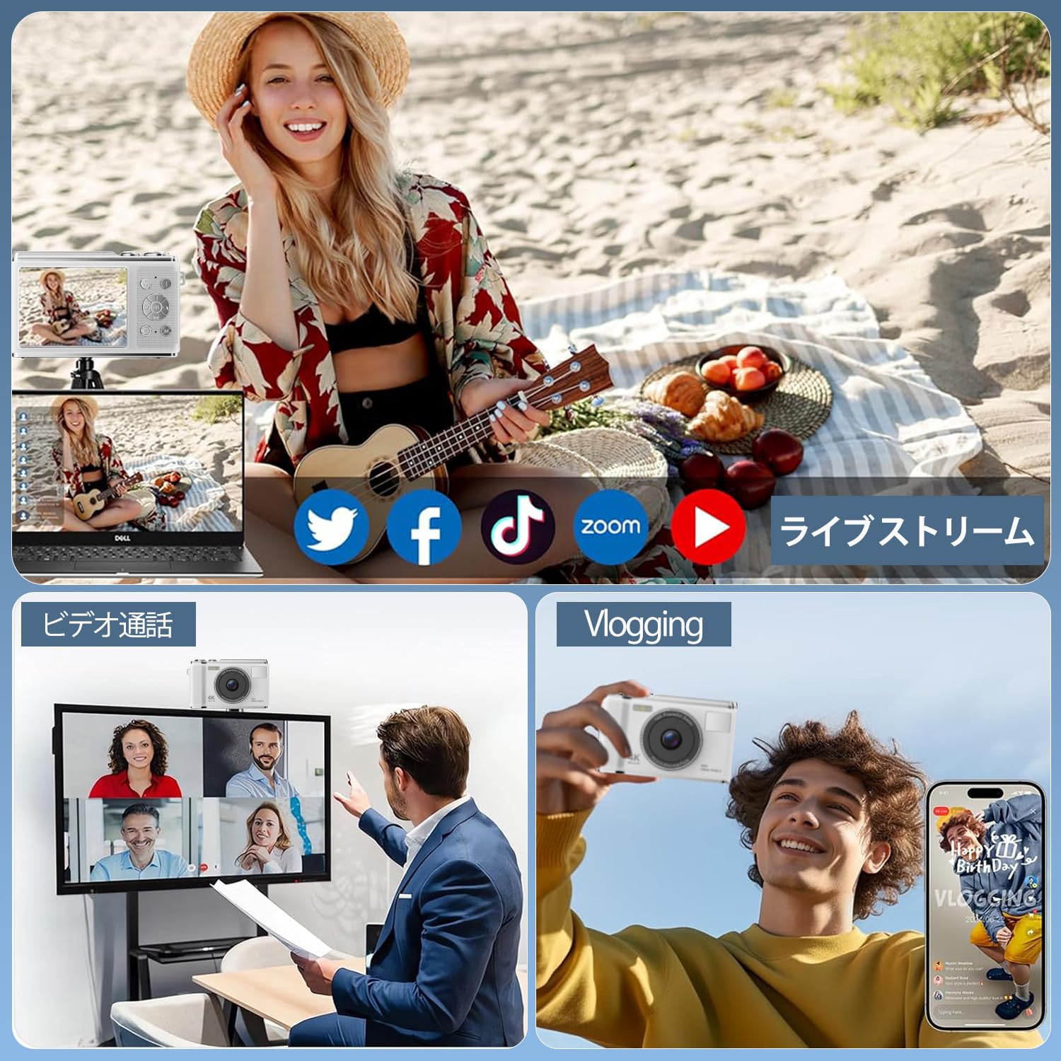 Fotocamera digitale 4K, vera fotocamera da vlogging 50 MP con scheda TF 32 G, zoom 16x, messa a fuoco automatica AF, schermo anti-tremore, schermo LED da 2,83 pollici, Flash, dispositivo