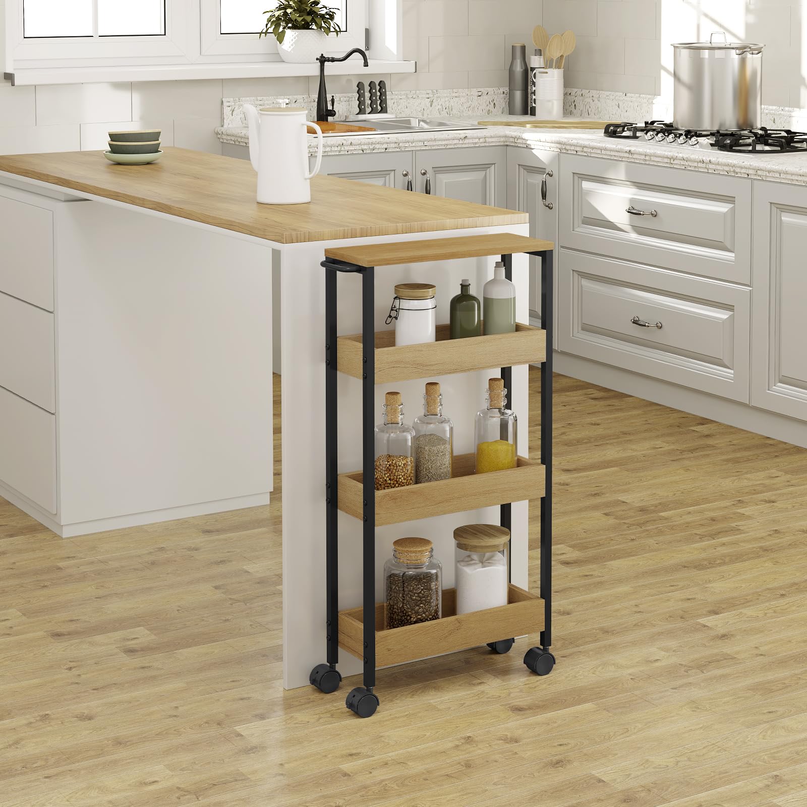 EUGAD Estanteria de Baño de 4 Niveles, Carrito con Ruedas para Baño, Carro de Almacenamiento de Baño, Carrito Estrecho con 2 Frenos, Armazón Metálico, 40x15x82 cm, Ngero+Roble Calro