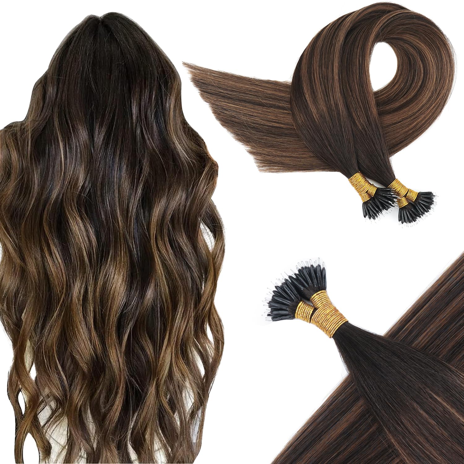 KOCONI 22 Inch Darkest Brown Fading To Chestnut Brown Mixed Nano Ring Hair Extensions Real Human Hair Nano Beads Remy Human Hair Extensions Human Hair 1g/S Nano Tip Hair Extensions Real Hair 50g 2/6/2