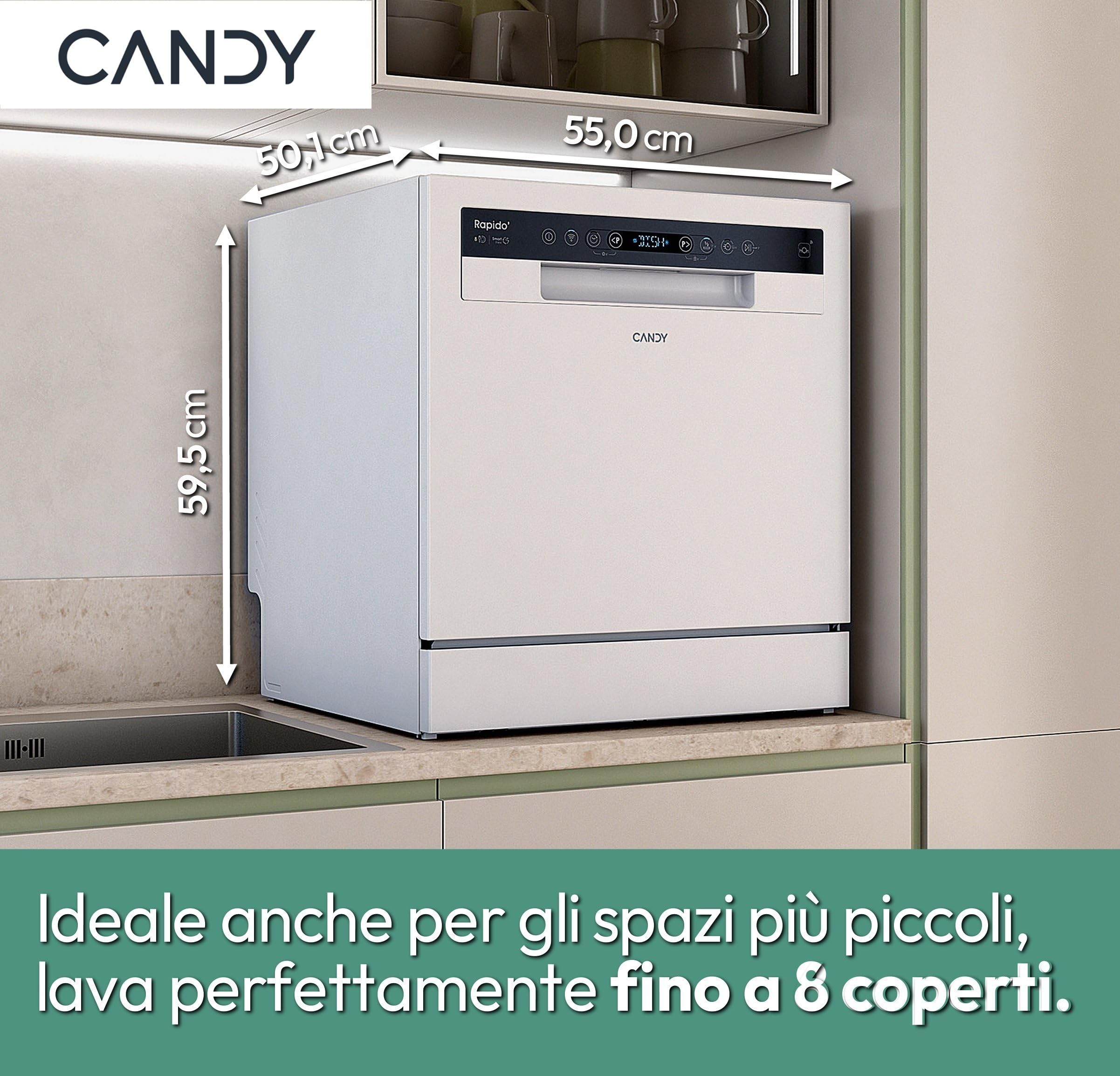 Candy Rapido' CP 8F9FFW Lavastoviglie Compatta, 8 Coperti, 8 Programmi, Lavaggio e asciugatura in 35', Partenza ritardata, AxLxP 59,5x50,1x55 cm, Bianco [Classe di efficienza energetica F]