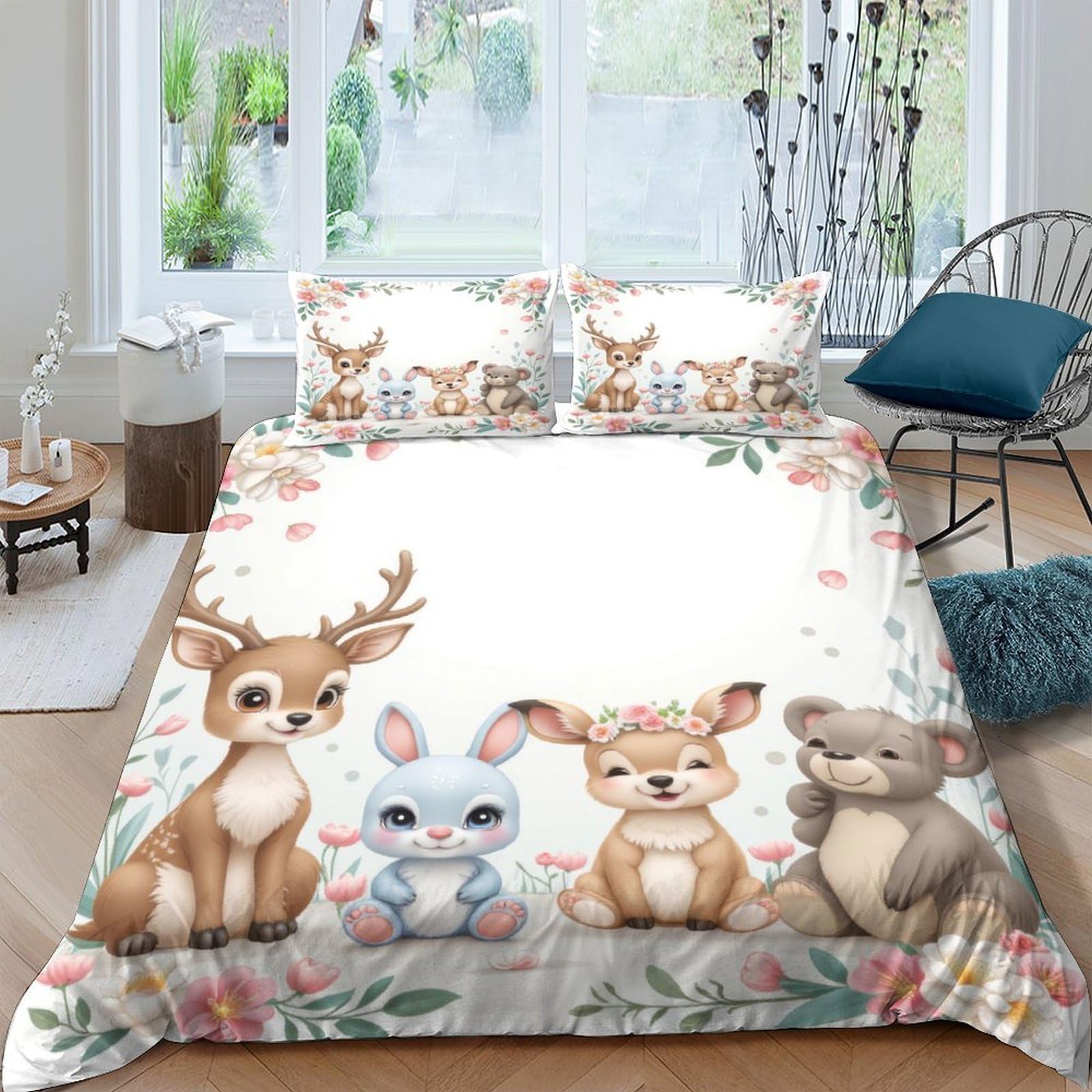 TUFRTGYHN 3D Printed Forest Deer Rabbit Duvet Cover Microfiber Soft Woodland Bear Bedding Set with 2 Pillowcases for Bedroom Decor Single（135x200cm）