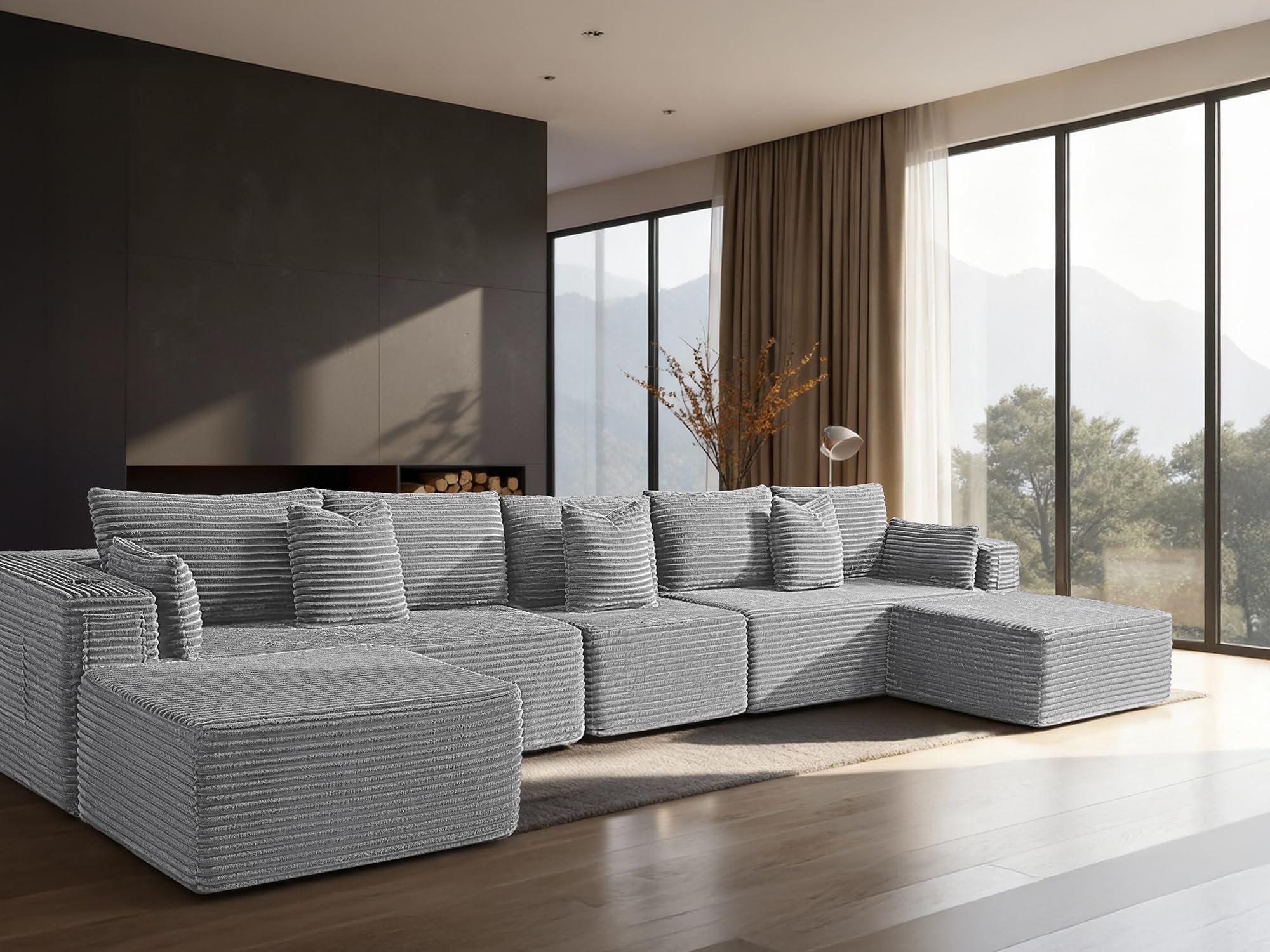 168" Cloud Sectional Couch, Comfort U Shaped Sofa for Living Room, Extra Deep Seats No Assembly, Minimalist Modular Couch, Corduroy (Light Grey, 7 Seats,U-Shape A)