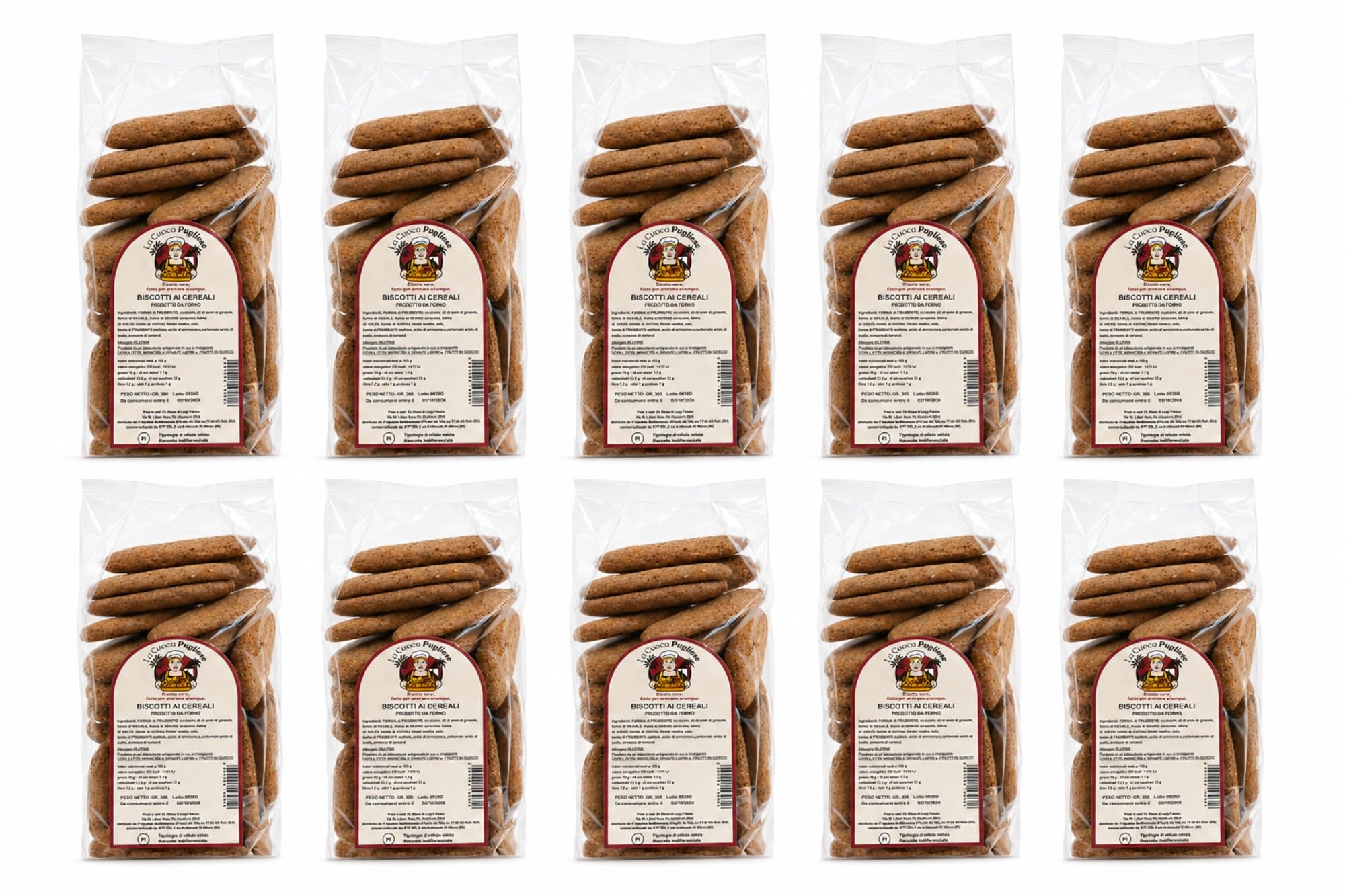 La Cuoca Pugliese - Biscotti ai Cereali, biscotti artigianali pugliesi fragranti, dolci da forno con mix di cereali, ideali per colazione e merenda, 10 confezioni da 300 g