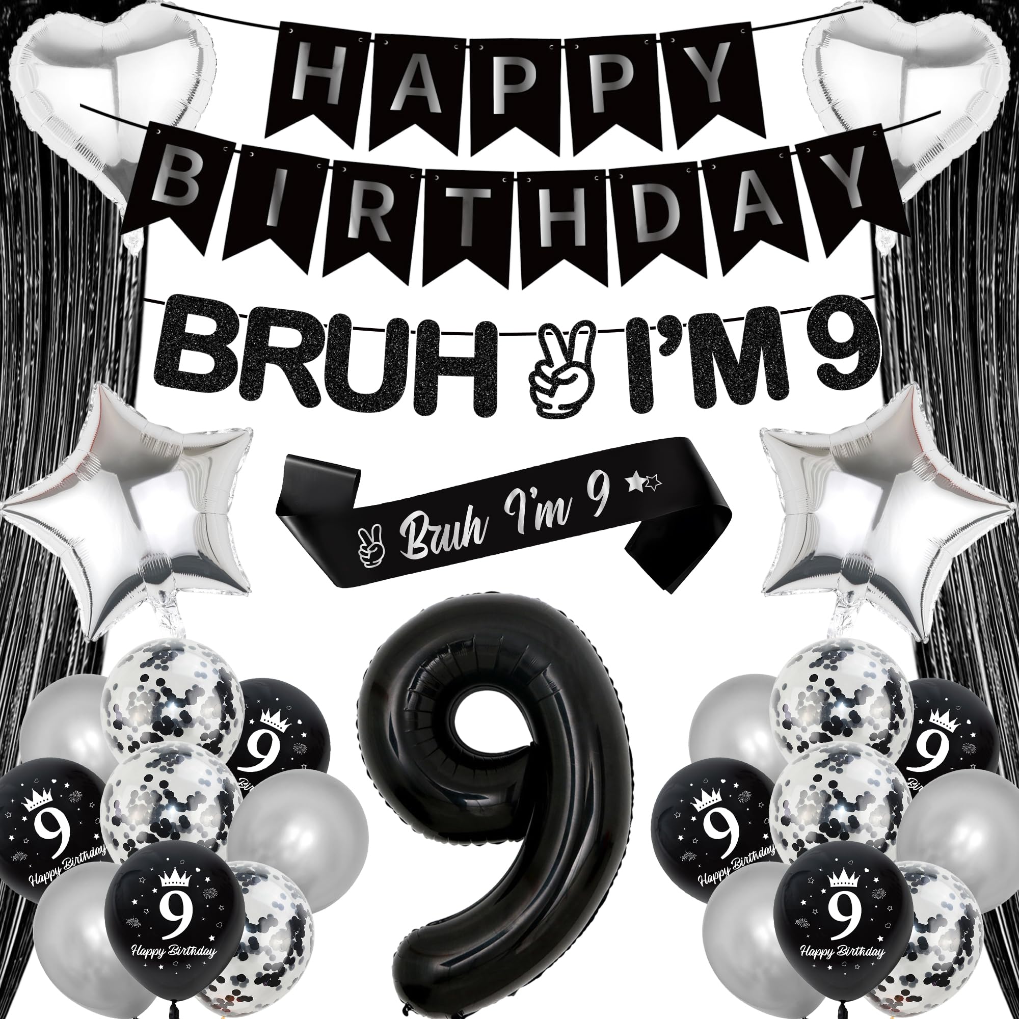 9th Birthday Decorations Balloons Banner - 27 Pcs Boys Black Silver Set