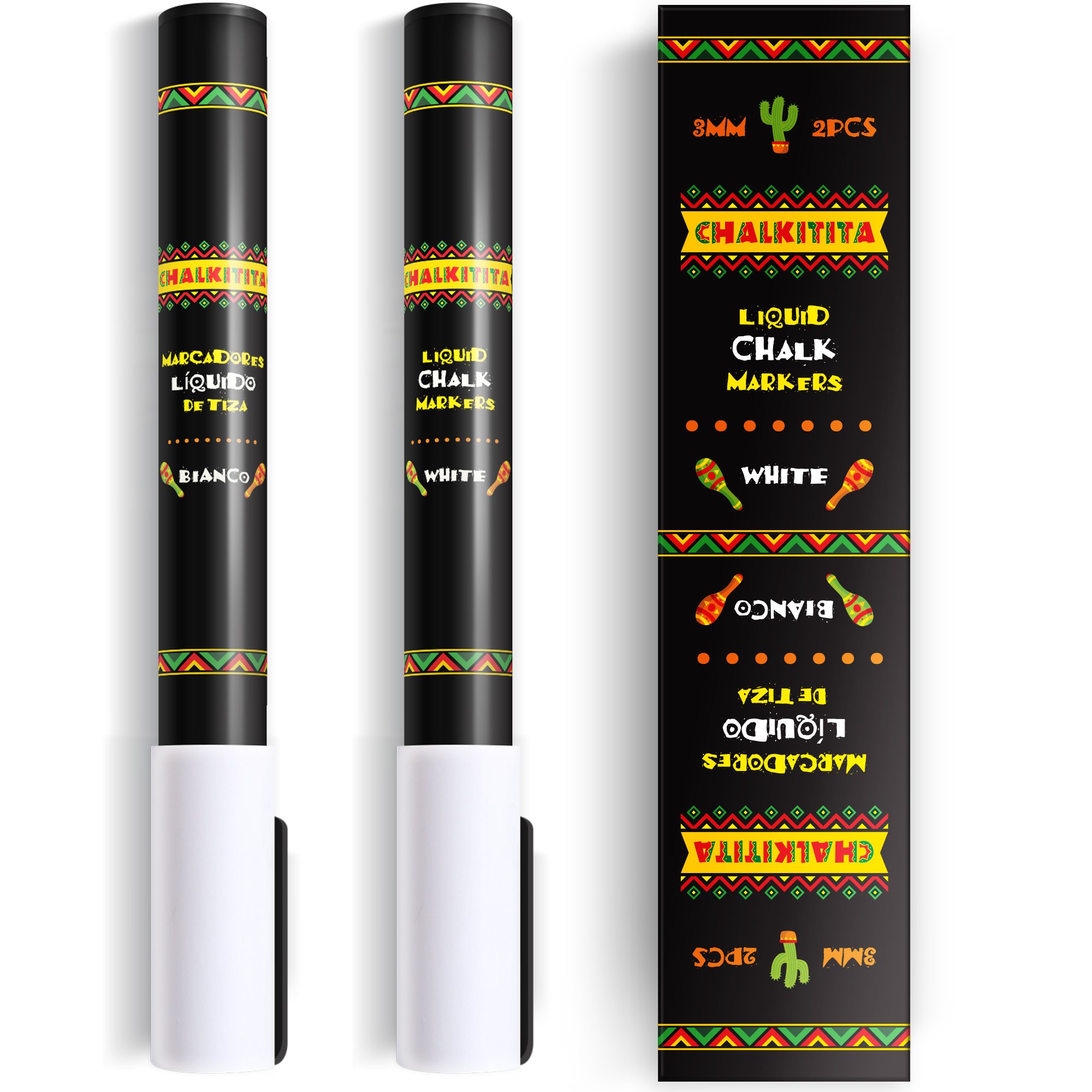 Liquid Chalk Markers White by Chalkitita - Fine tip Chalk pen - 3mm (reversible) for Bistro menu Boards, Glass, Windows, Chalkboard labels, Dry Erase NONPOROUS boards