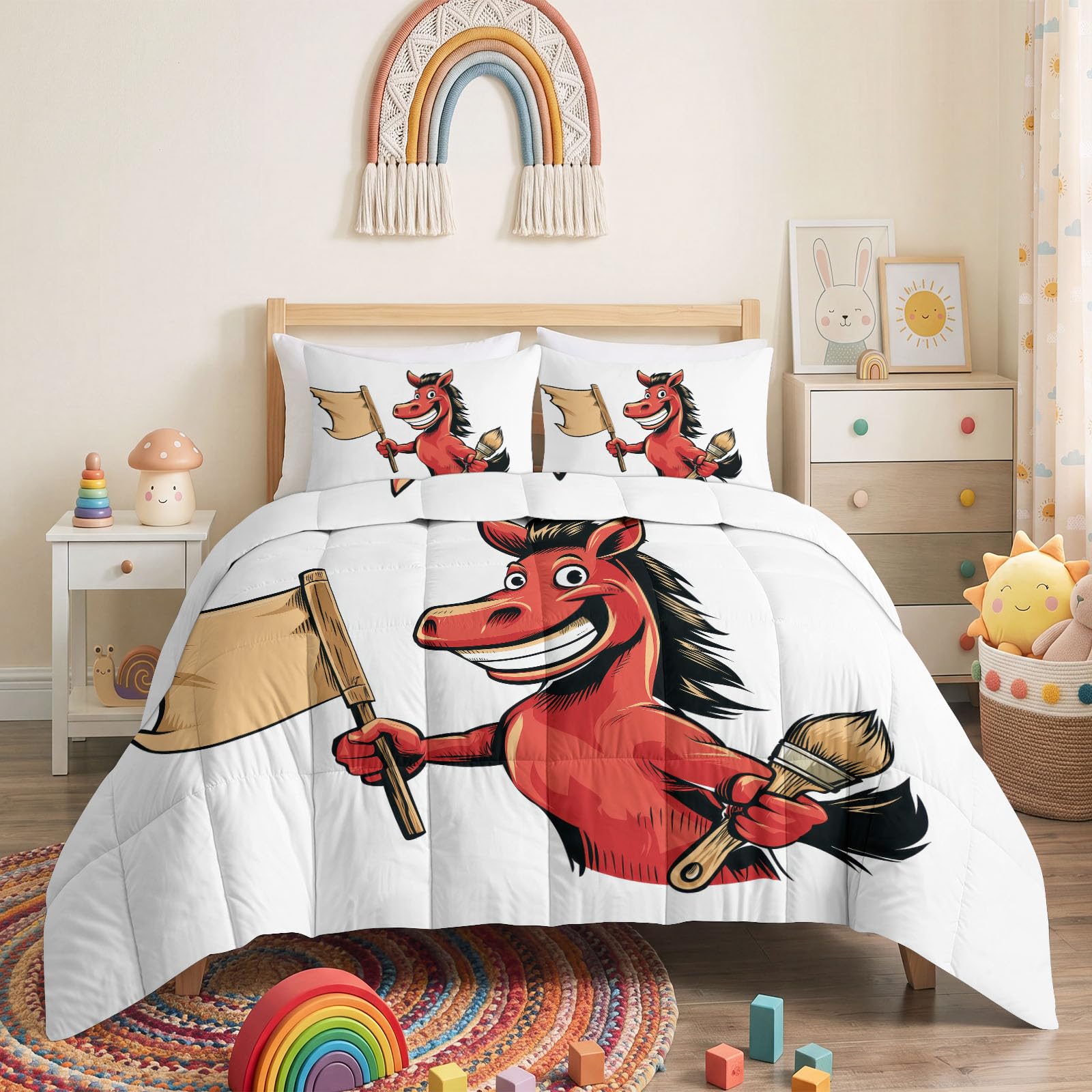Kołdra 220 x 240 cm Kreskówka Humorystyczny Śmieszne zwierzę Kołdra na łóżko, czerwony koń pędzel dwustronny zestaw pościeli - Kołdra na wszystkie pory roku do łóżka 2-osobowego z 2
