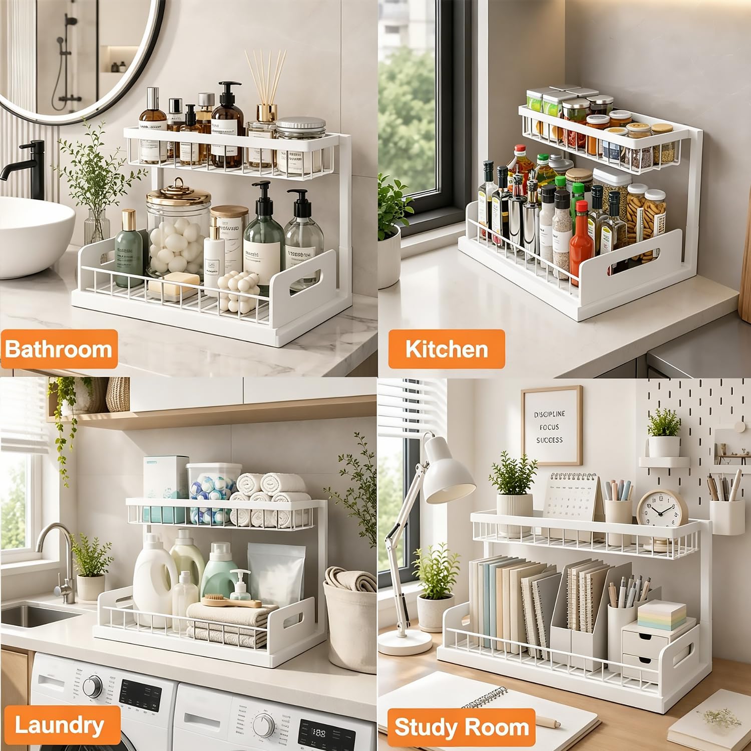 devesanter Unter Waschbecken Regal ausziehbar,2 Etagen Metall Lagerregal,Küchen- & Badezimmerschrank Organizer,Platzsparend für Vorratskammer Weiß