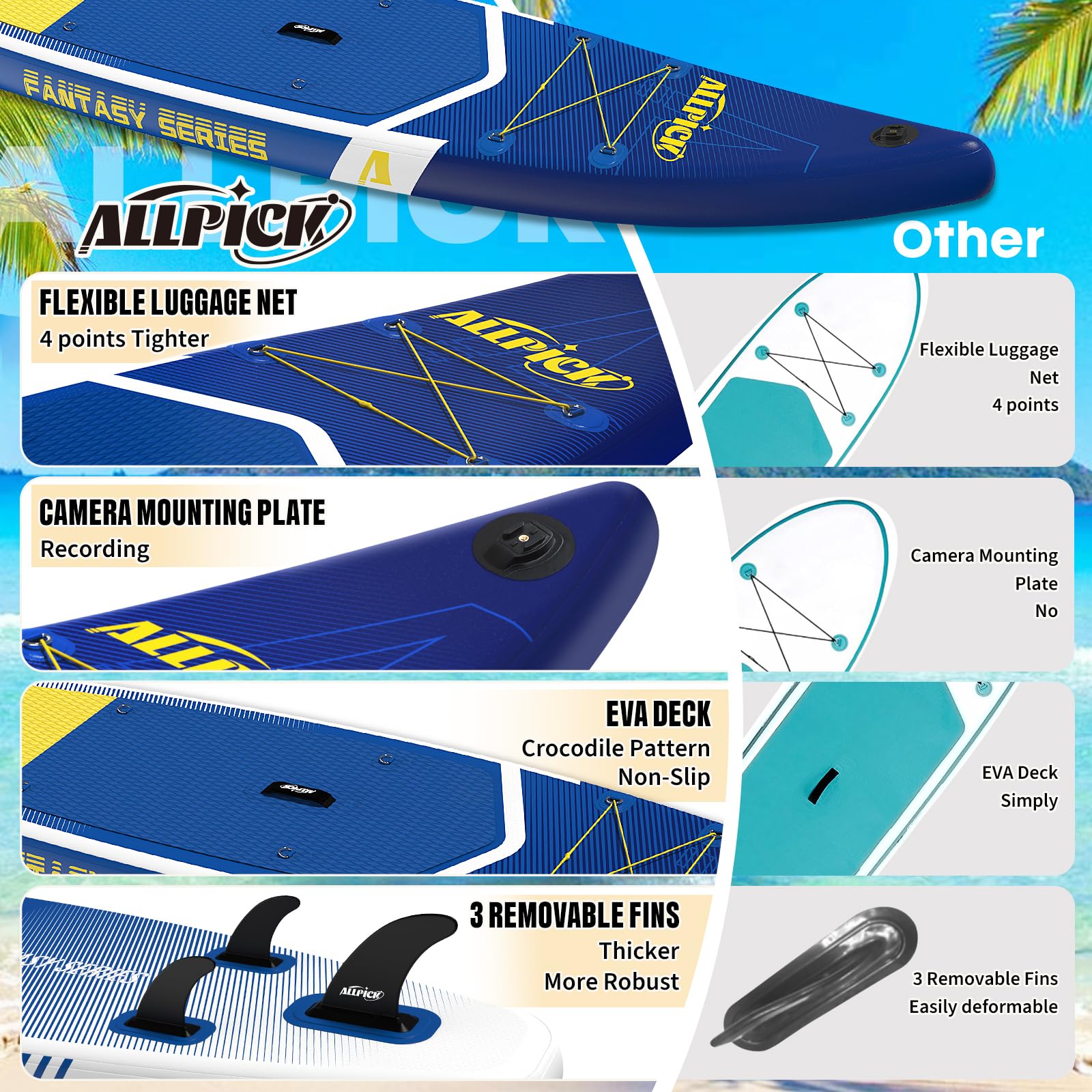 ALLPICK Sup Gonfiabile, Stand Up Paddle Board Gonfiabile, Con Supporto Universale per Fotocamera, Accessori Completi, Tavola da Sup Surf, Principianti e Avanzati, 150kg/180kg