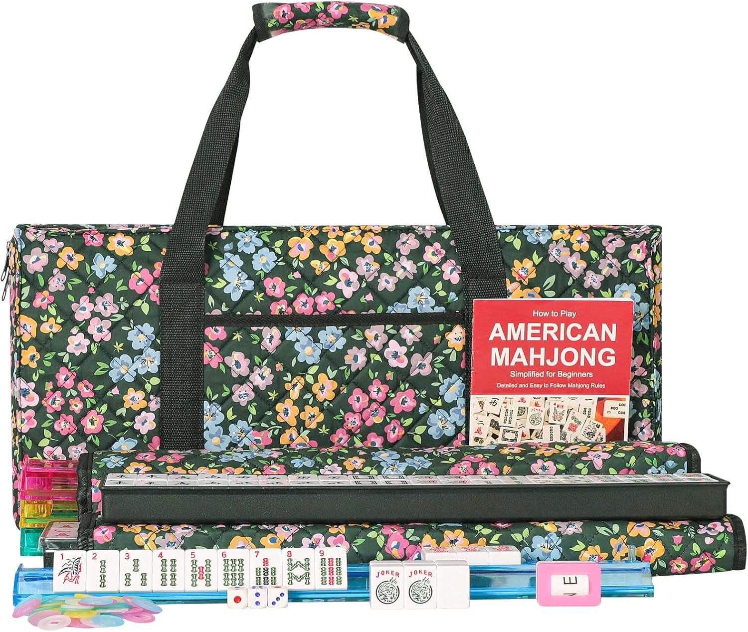 ZGME American Mahjong Set,166 White Tiles with Dark Green Small Flower Bag and Accessories,4 All-in-One Mahjong Racks with Pushers