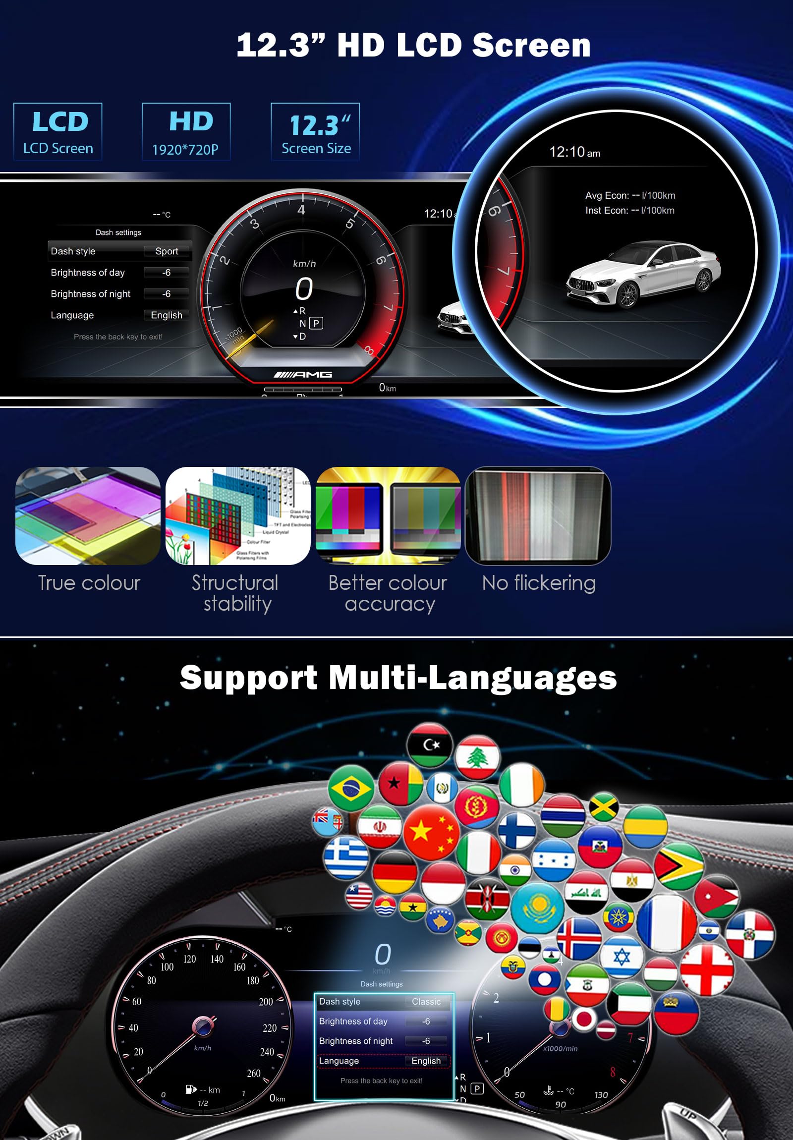 Cuadro de Instrumentos Digital LCD 12,3 pulgadas 5-UI para Mercedes Benz Clase A W176 Clase GLA X156 Clase CLA C117, Panel de Instrumentos Digital 4-Core, Admite TPMS, Temperatura Aceite y SWC