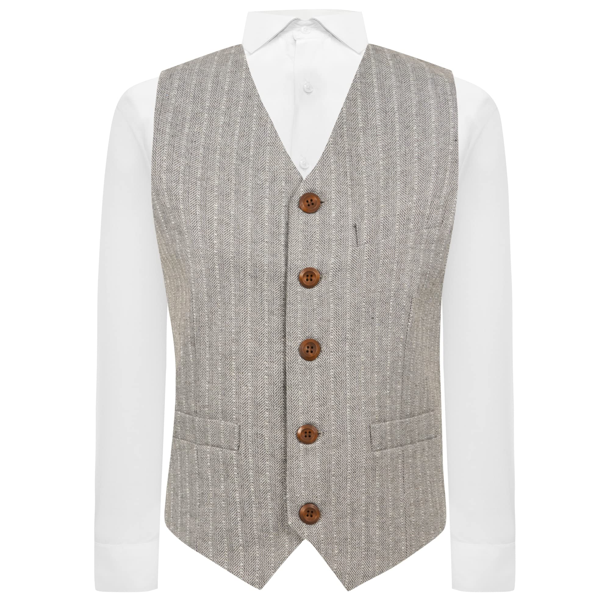King & Priory Light Grey Herringbone with Pinstripe Waistcoat - S