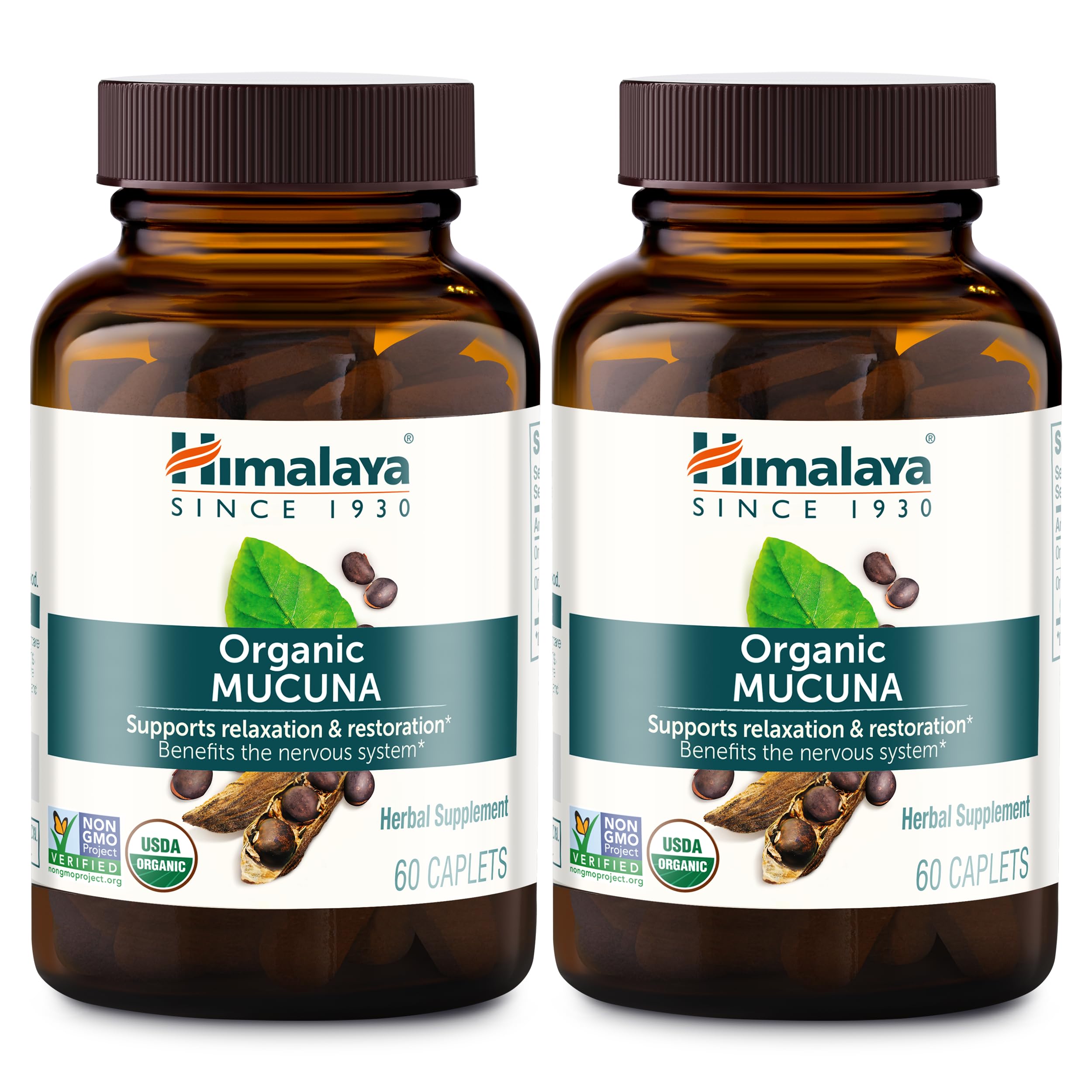 Himalaya Organic Mucuna Herbal Supplement, Supports Relaxation, Tension Relief, Brain Function, Non-GMO, USDA Organic, Vegan, Gluten Free, 600 mg, 60 Plant-Caplets, 2 Pack, 120 Day Supply