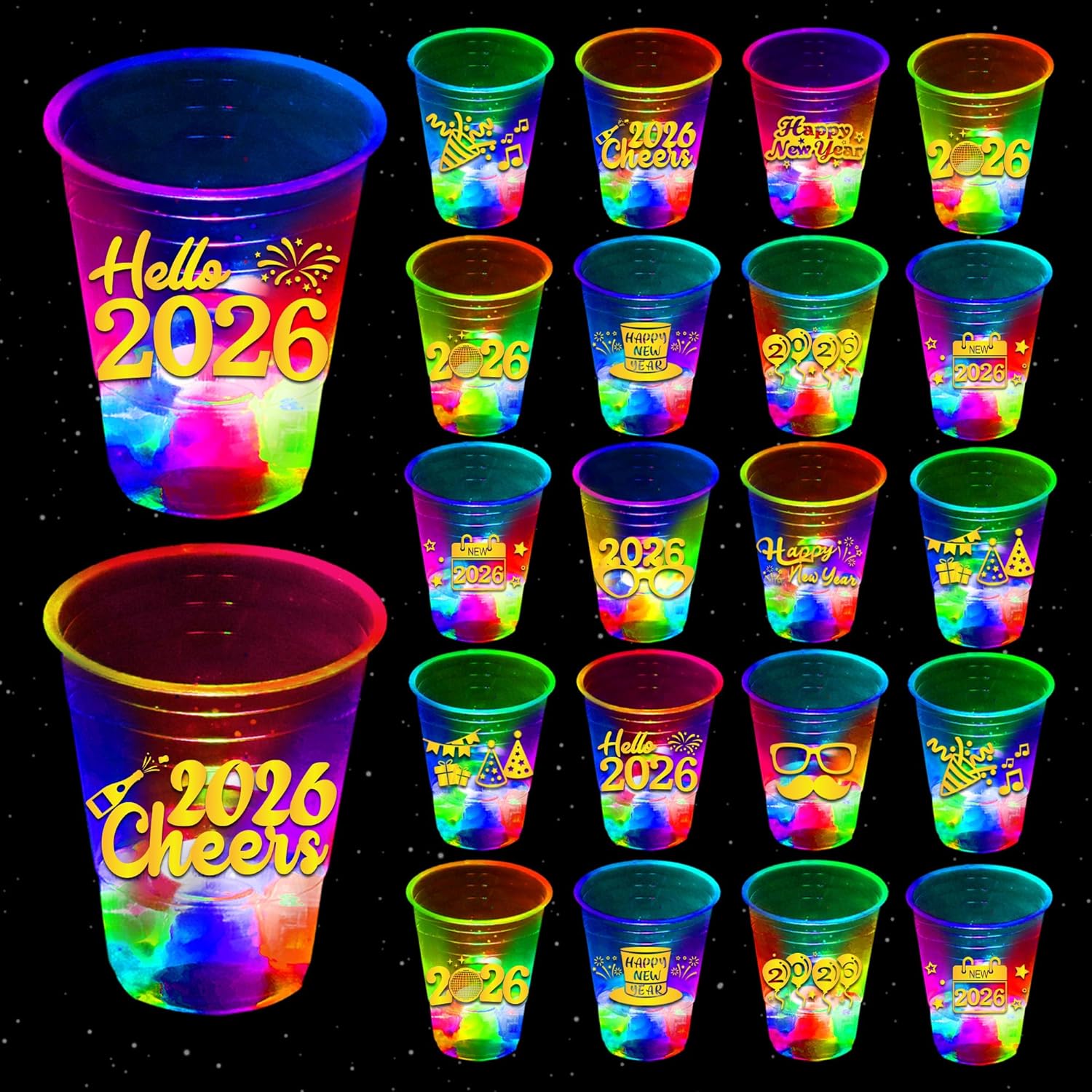 mishunyus 40 Pack 2026 Glowing Happy New Year Party Cups Glow in the Dark Flashing 12 Designs Theme Plastic Cups Outdoor Indoor NYE Party Supplies Decoration Weddings,BBQ,Beach,Holidays