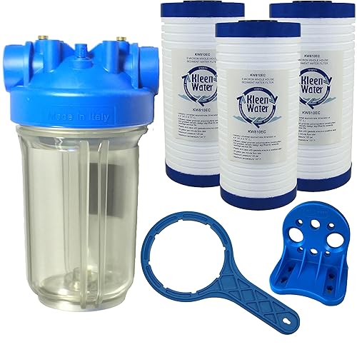 KleenWater Premier - Sistema de filtro de agua para toda la casa, entrada y salida de 1.5 pulgadas, carcasa transparente, 20 GPM con soporte, llave