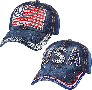 2 Pcs Unisex American Flag Hat Patriotic Bling Rhinestone Hat Hip Hop Adjustable USA Trucker Hat Denim Baseball Cap for Women Men Cowboy Cowgirl Adults, Red White Blue