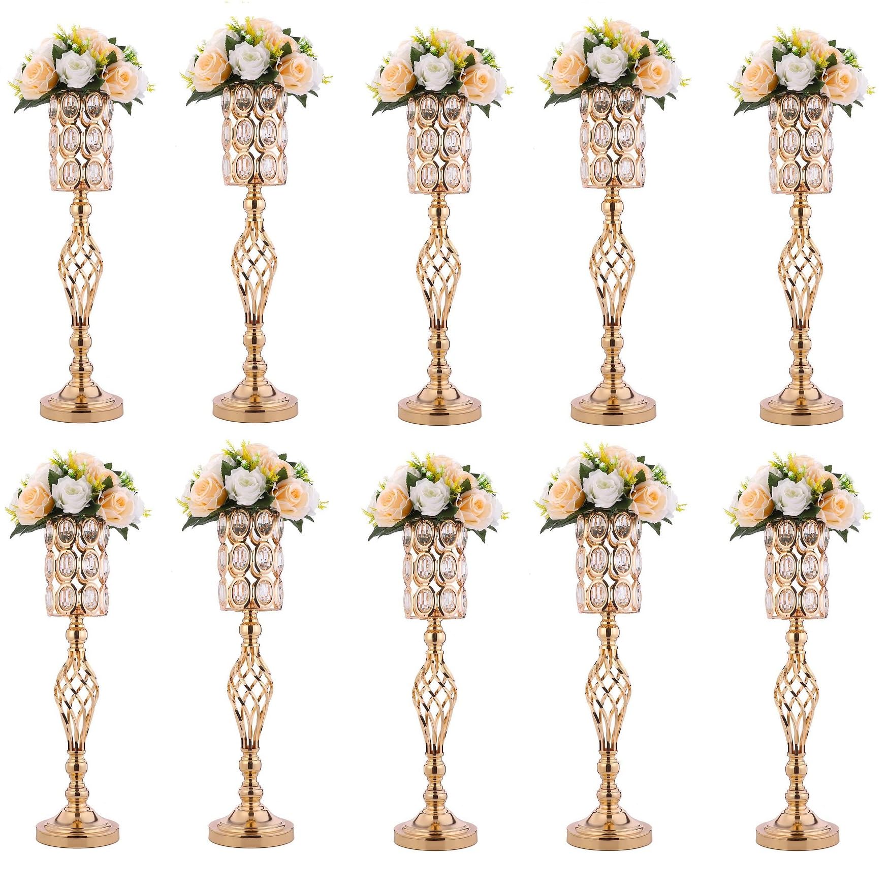 Set of 10 Metal Diamond Crystal Wedding Centerpiece Vases for Tables, 24in Gold Versatile Tall Flower Holders Centerpiece Flower Stands for Wedding Party Reception Dining Room Living Room Décor