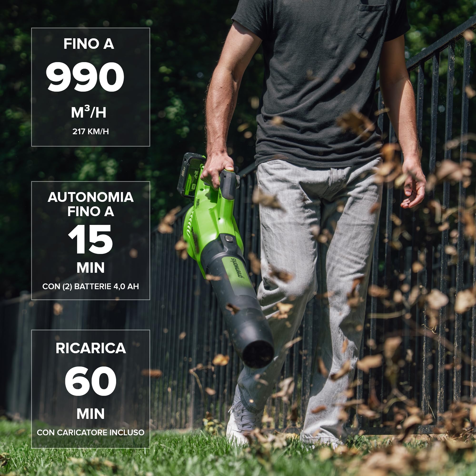 Greenworks 48V(24V x 2）Soffiatore Assiale, Ioni di Litio Velocità d'Aria 217 Km/h, 16.4m³/min Potente Tubo Soffiatore Assiale Controllo di Velocità Elettronico Con Batteria e Caricatore BL48L420-01