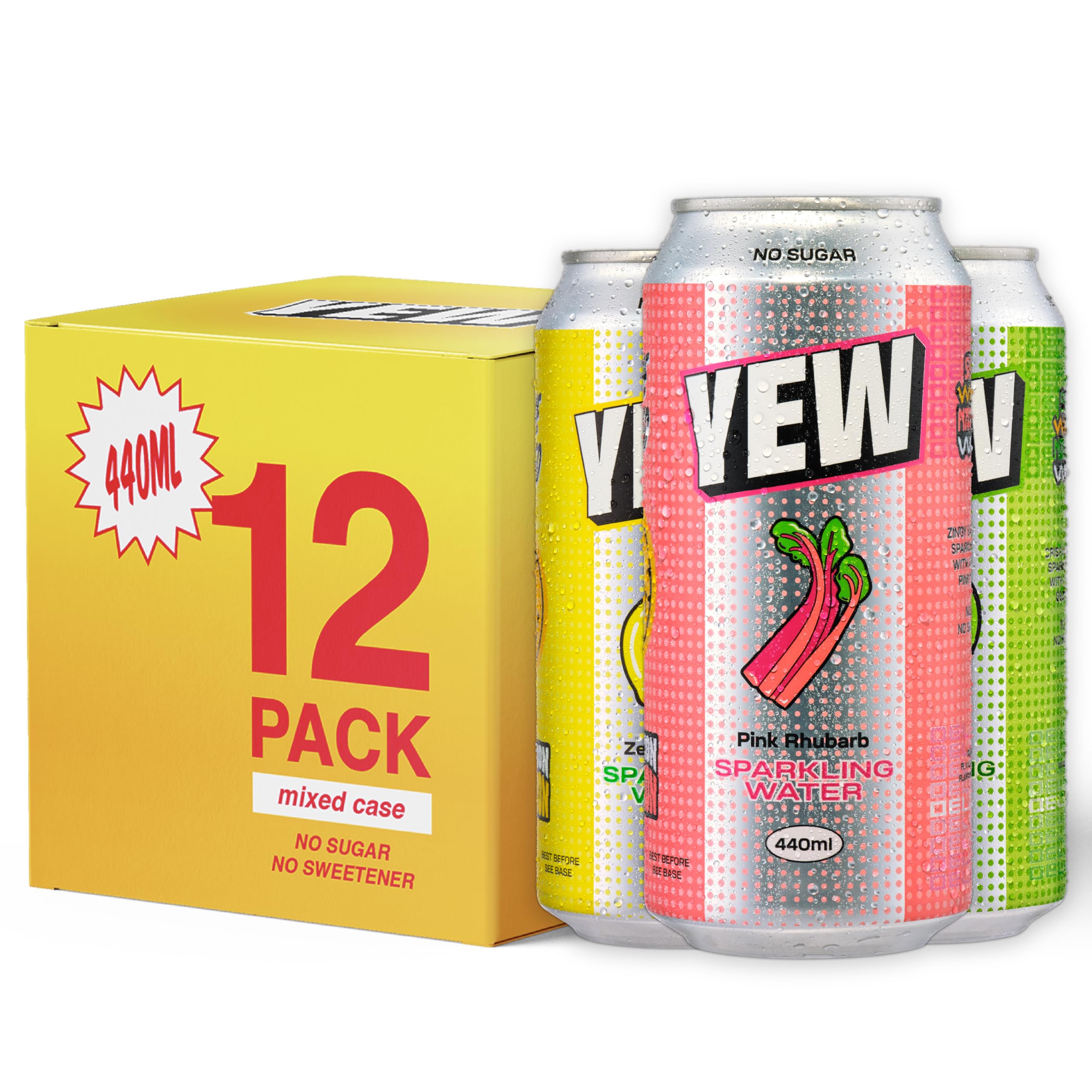 YEW Sparkling Water Mixed Pack - 12 x 440ml Cans, ZERO Sugar, ZERO Sweetener, All Natural Apple, Lemon, and Rhubarb Flavoured Water, Keto Friendly, Vegan Healthy Fizzy Drink