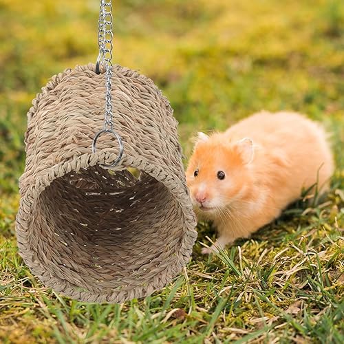 Miniatura 5 de POPETPOP Hamaca de túnel tejida de paja para hámster natural, nido, cama colgante, hámster, jerbo, azúcar, planeador, rata, algas marinas, juguete